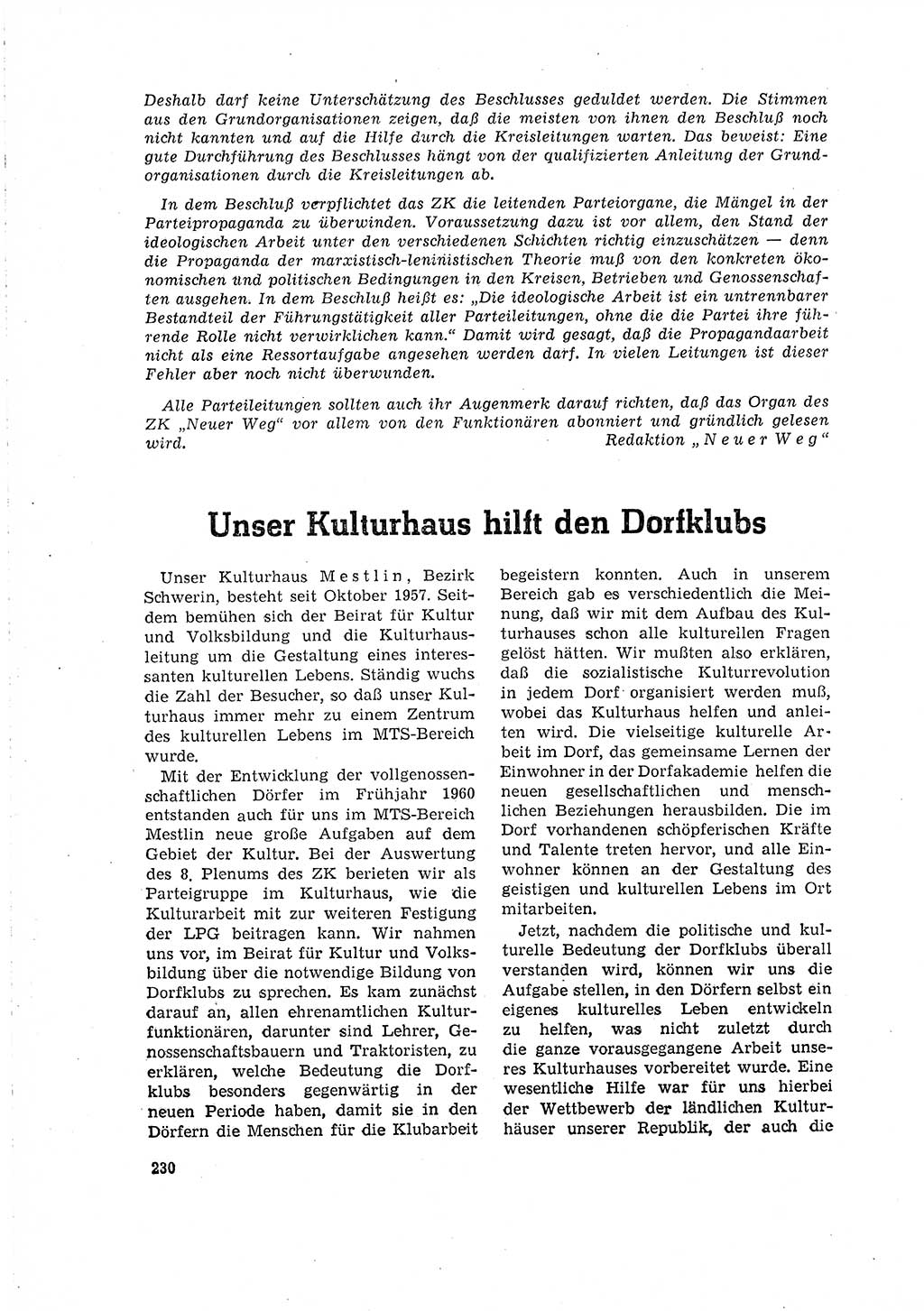 Neuer Weg (NW), Organ des Zentralkomitees (ZK) der SED (Sozialistische Einheitspartei Deutschlands) für Fragen des Parteilebens, 16. Jahrgang [Deutsche Demokratische Republik (DDR)] 1961, Seite 230 (NW ZK SED DDR 1961, S. 230)