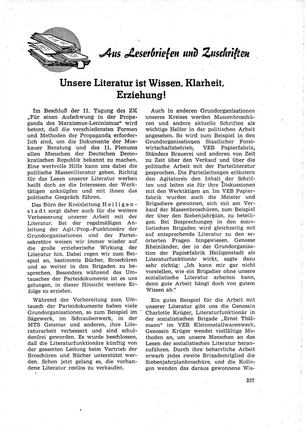 Neuer Weg (NW), Organ des Zentralkomitees (ZK) der SED (Sozialistische Einheitspartei Deutschlands) für Fragen des Parteilebens, 16. Jahrgang [Deutsche Demokratische Republik (DDR)] 1961, Seite 237 (NW ZK SED DDR 1961, S. 237)