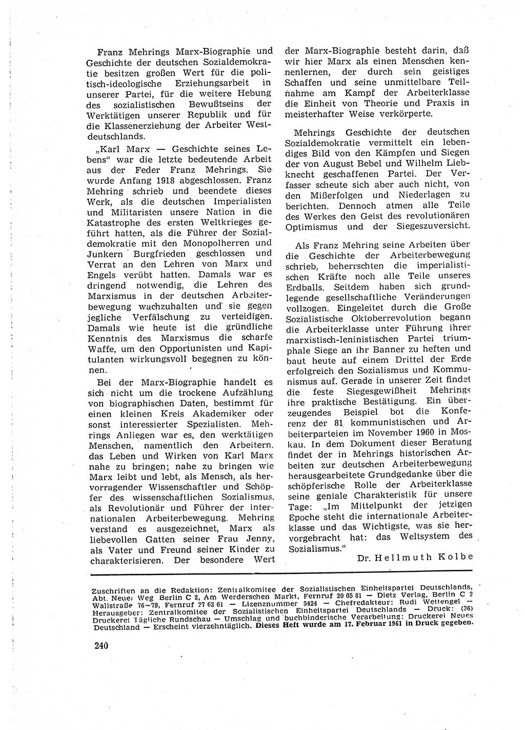 Neuer Weg (NW), Organ des Zentralkomitees (ZK) der SED (Sozialistische Einheitspartei Deutschlands) für Fragen des Parteilebens, 16. Jahrgang [Deutsche Demokratische Republik (DDR)] 1961, Seite 240 (NW ZK SED DDR 1961, S. 240)