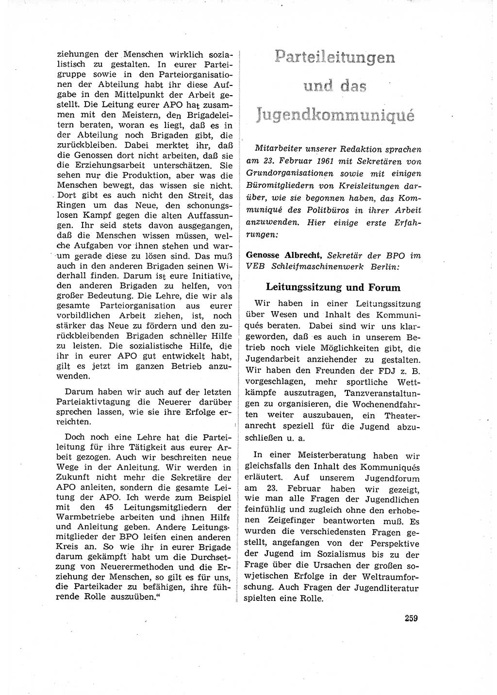 Neuer Weg (NW), Organ des Zentralkomitees (ZK) der SED (Sozialistische Einheitspartei Deutschlands) für Fragen des Parteilebens, 16. Jahrgang [Deutsche Demokratische Republik (DDR)] 1961, Seite 259 (NW ZK SED DDR 1961, S. 259)