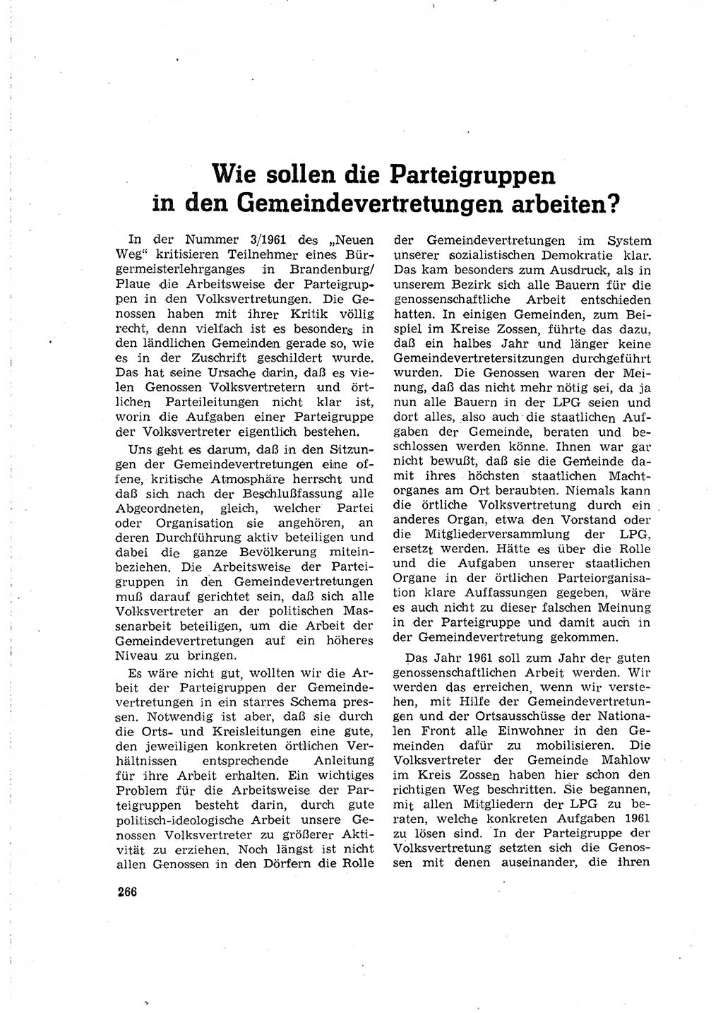 Neuer Weg (NW), Organ des Zentralkomitees (ZK) der SED (Sozialistische Einheitspartei Deutschlands) für Fragen des Parteilebens, 16. Jahrgang [Deutsche Demokratische Republik (DDR)] 1961, Seite 266 (NW ZK SED DDR 1961, S. 266)