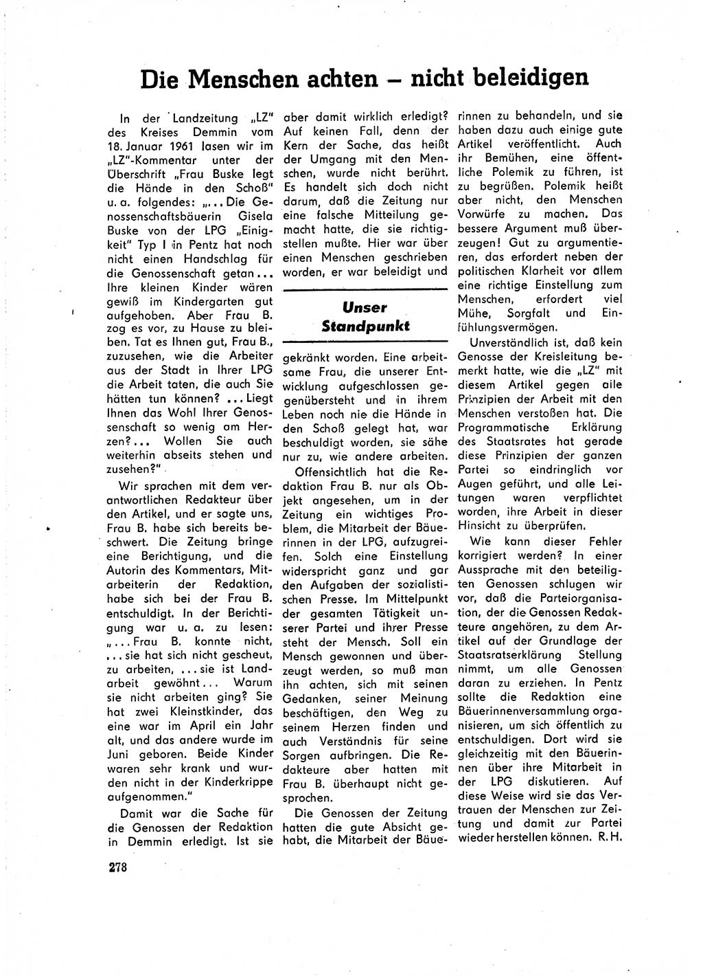 Neuer Weg (NW), Organ des Zentralkomitees (ZK) der SED (Sozialistische Einheitspartei Deutschlands) für Fragen des Parteilebens, 16. Jahrgang [Deutsche Demokratische Republik (DDR)] 1961, Seite 278 (NW ZK SED DDR 1961, S. 278)