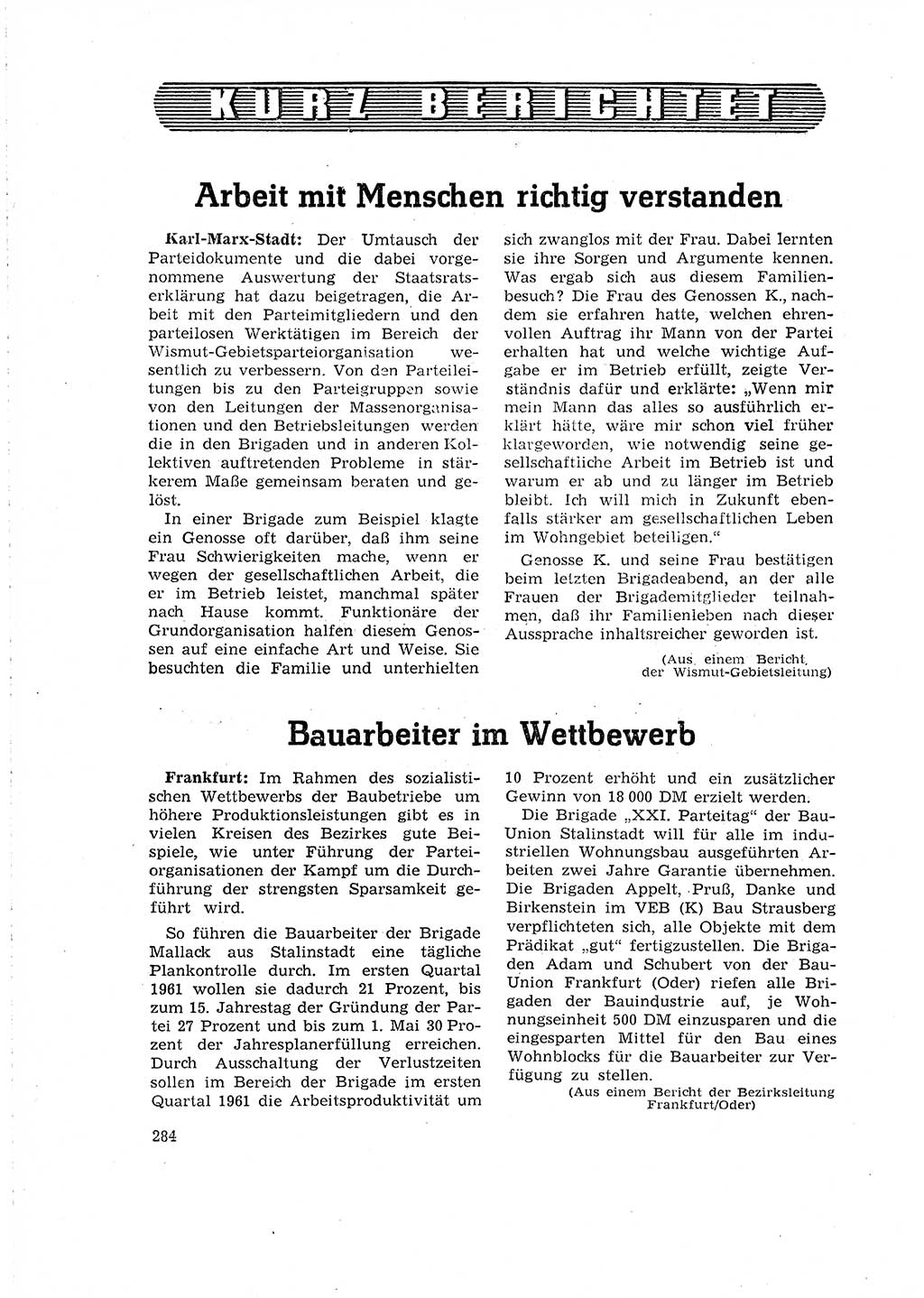 Neuer Weg (NW), Organ des Zentralkomitees (ZK) der SED (Sozialistische Einheitspartei Deutschlands) für Fragen des Parteilebens, 16. Jahrgang [Deutsche Demokratische Republik (DDR)] 1961, Seite 284 (NW ZK SED DDR 1961, S. 284)
