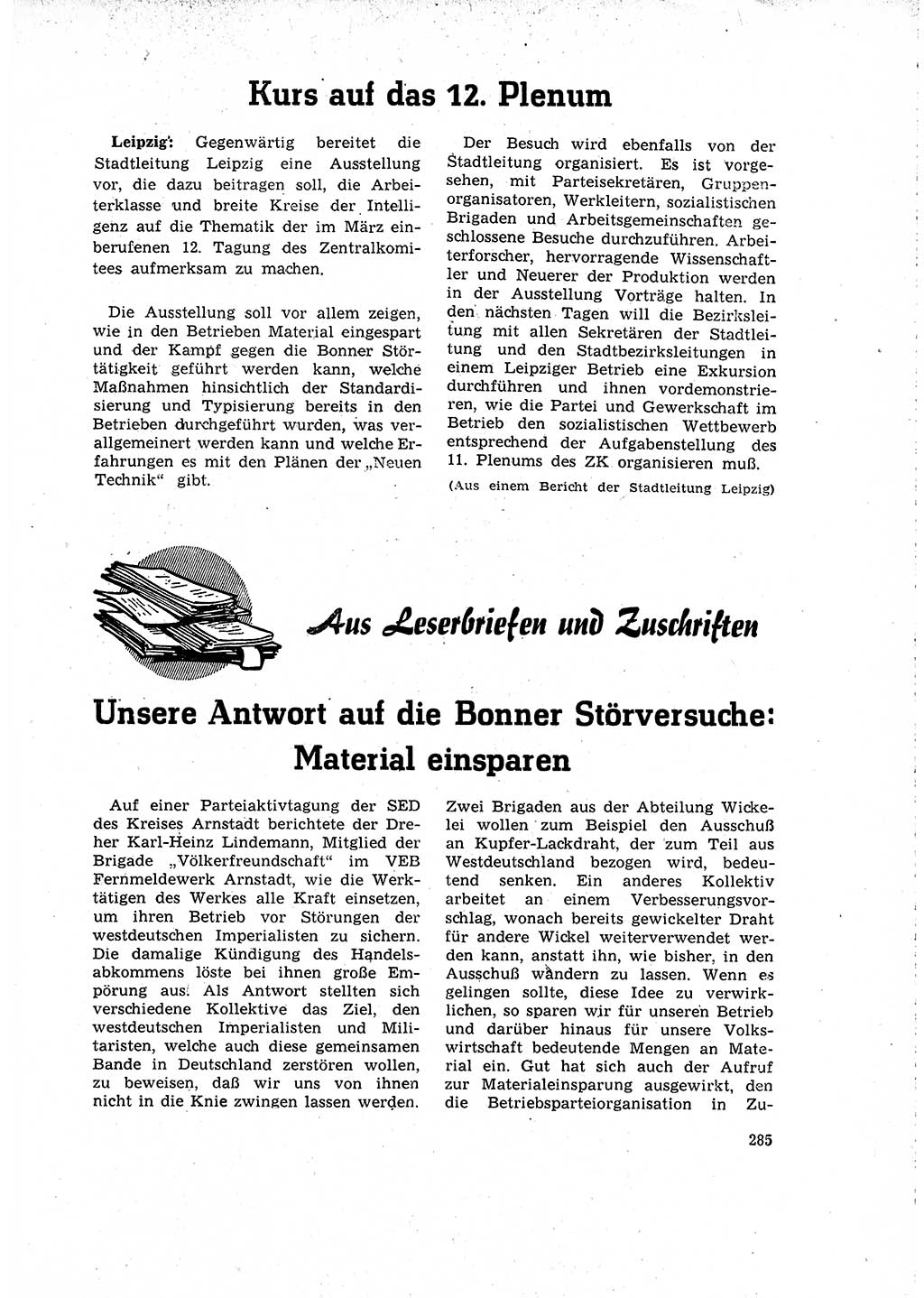 Neuer Weg (NW), Organ des Zentralkomitees (ZK) der SED (Sozialistische Einheitspartei Deutschlands) für Fragen des Parteilebens, 16. Jahrgang [Deutsche Demokratische Republik (DDR)] 1961, Seite 285 (NW ZK SED DDR 1961, S. 285)