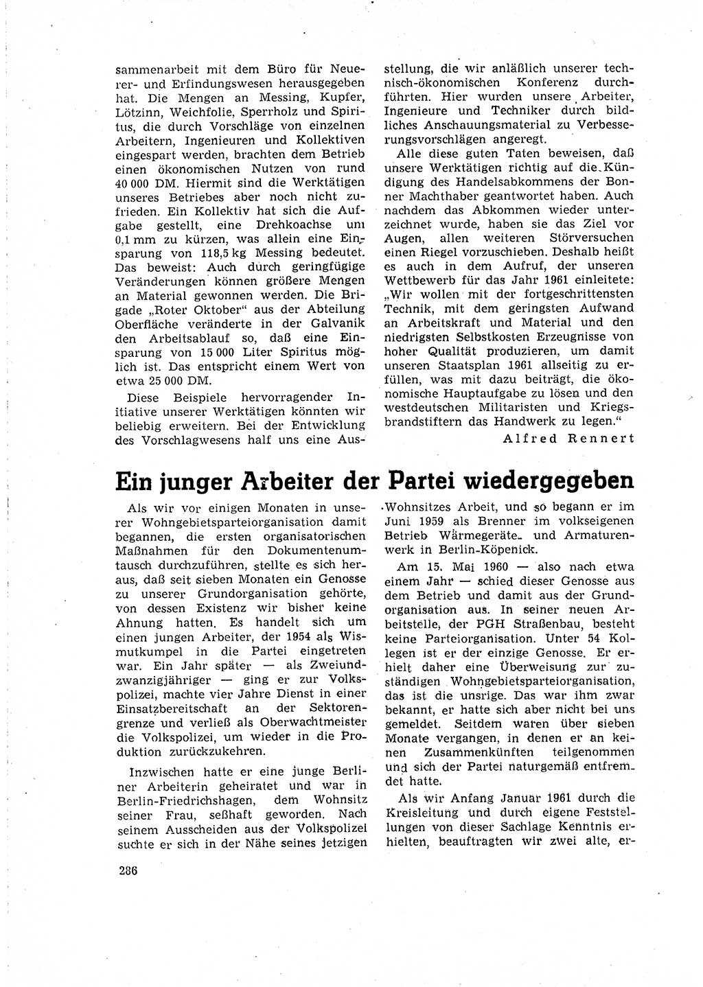 Neuer Weg (NW), Organ des Zentralkomitees (ZK) der SED (Sozialistische Einheitspartei Deutschlands) für Fragen des Parteilebens, 16. Jahrgang [Deutsche Demokratische Republik (DDR)] 1961, Seite 286 (NW ZK SED DDR 1961, S. 286)