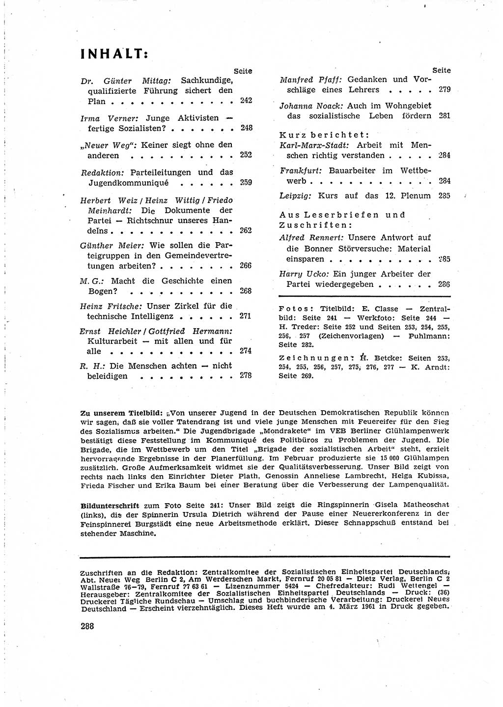 Neuer Weg (NW), Organ des Zentralkomitees (ZK) der SED (Sozialistische Einheitspartei Deutschlands) für Fragen des Parteilebens, 16. Jahrgang [Deutsche Demokratische Republik (DDR)] 1961, Seite 288 (NW ZK SED DDR 1961, S. 288)