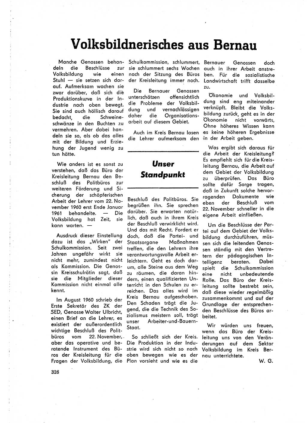 Neuer Weg (NW), Organ des Zentralkomitees (ZK) der SED (Sozialistische Einheitspartei Deutschlands) für Fragen des Parteilebens, 16. Jahrgang [Deutsche Demokratische Republik (DDR)] 1961, Seite 326 (NW ZK SED DDR 1961, S. 326)