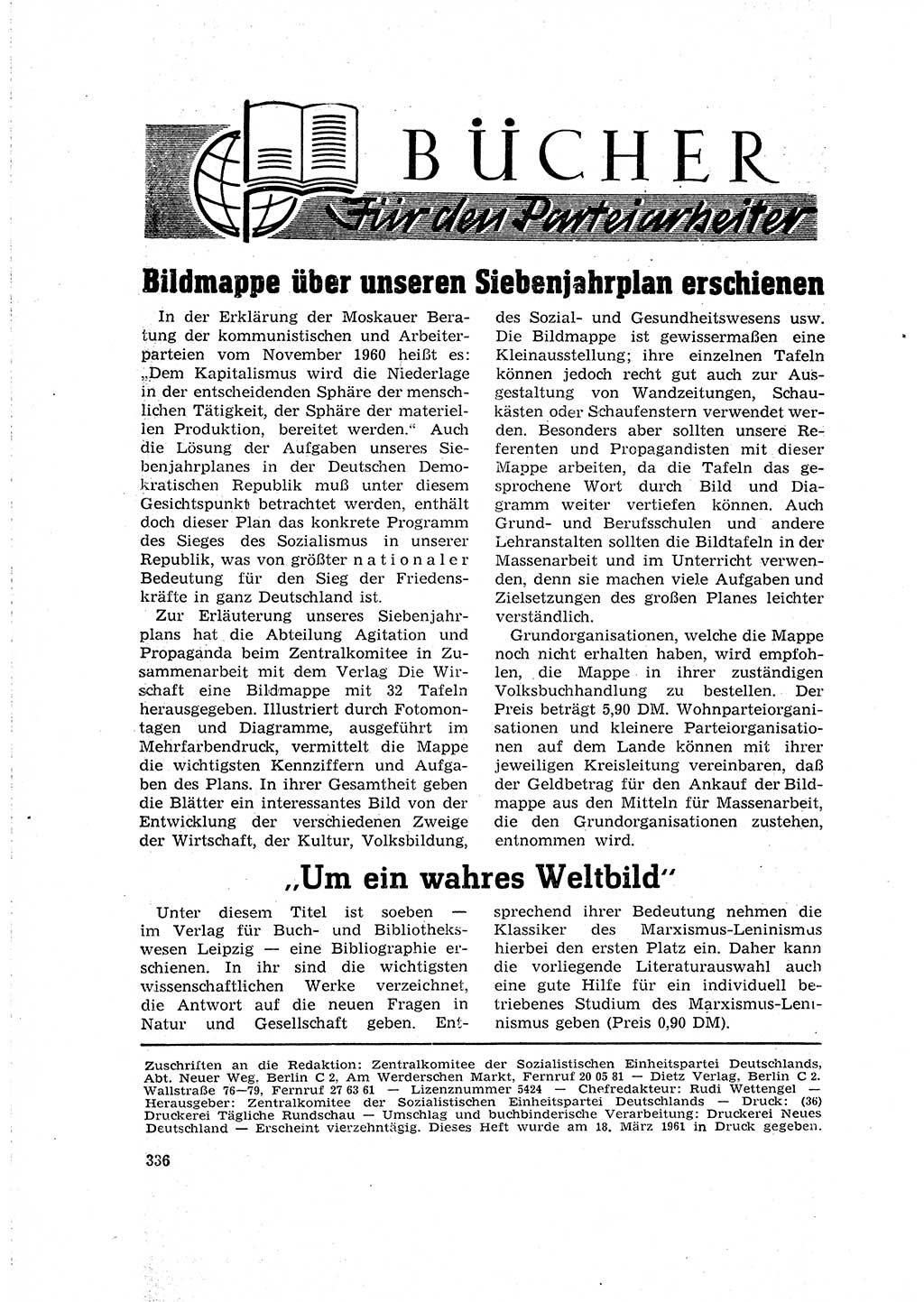 Neuer Weg (NW), Organ des Zentralkomitees (ZK) der SED (Sozialistische Einheitspartei Deutschlands) für Fragen des Parteilebens, 16. Jahrgang [Deutsche Demokratische Republik (DDR)] 1961, Seite 336 (NW ZK SED DDR 1961, S. 336)