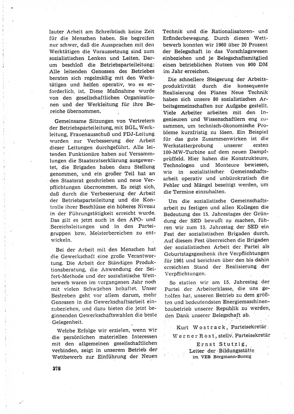 Neuer Weg (NW), Organ des Zentralkomitees (ZK) der SED (Sozialistische Einheitspartei Deutschlands) für Fragen des Parteilebens, 16. Jahrgang [Deutsche Demokratische Republik (DDR)] 1961, Seite 378 (NW ZK SED DDR 1961, S. 378)