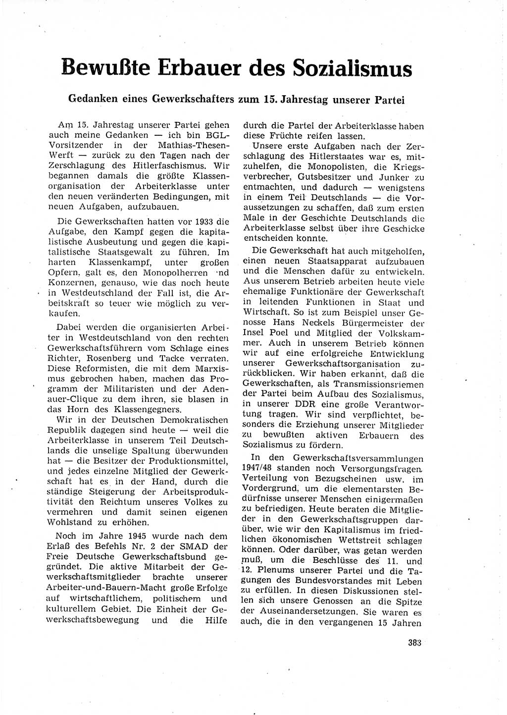 Neuer Weg (NW), Organ des Zentralkomitees (ZK) der SED (Sozialistische Einheitspartei Deutschlands) für Fragen des Parteilebens, 16. Jahrgang [Deutsche Demokratische Republik (DDR)] 1961, Seite 383 (NW ZK SED DDR 1961, S. 383)