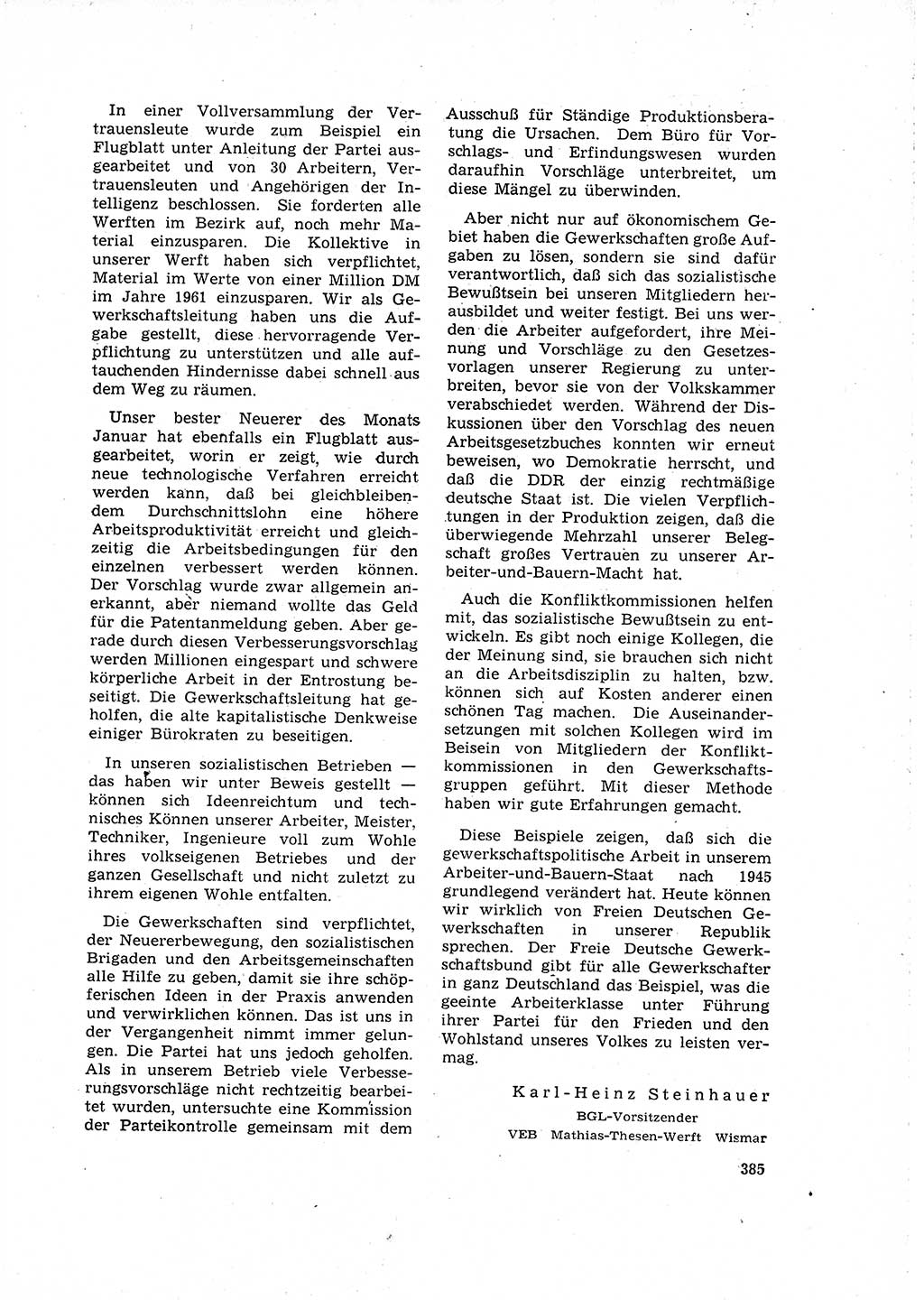 Neuer Weg (NW), Organ des Zentralkomitees (ZK) der SED (Sozialistische Einheitspartei Deutschlands) für Fragen des Parteilebens, 16. Jahrgang [Deutsche Demokratische Republik (DDR)] 1961, Seite 385 (NW ZK SED DDR 1961, S. 385)