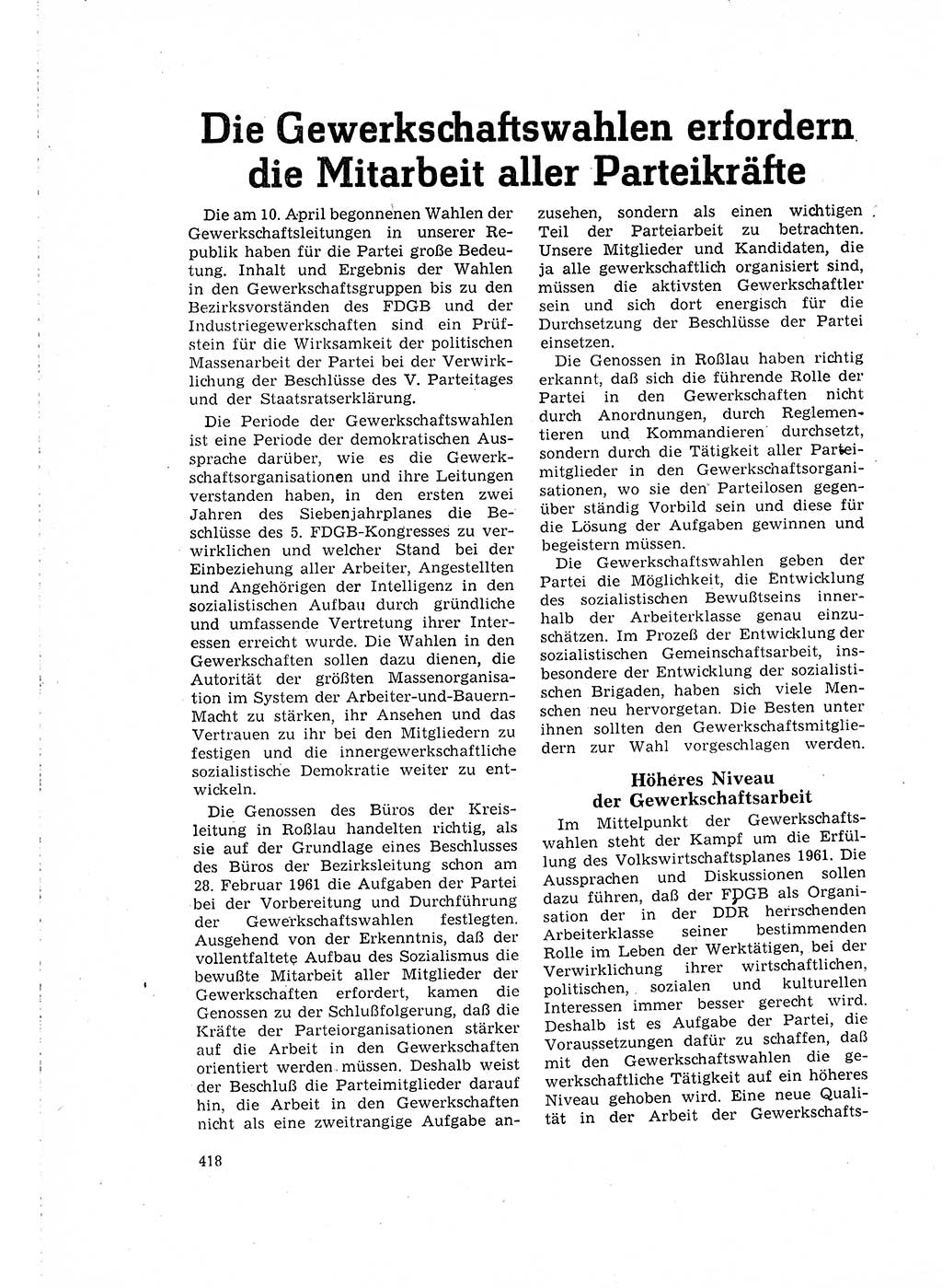 Neuer Weg (NW), Organ des Zentralkomitees (ZK) der SED (Sozialistische Einheitspartei Deutschlands) für Fragen des Parteilebens, 16. Jahrgang [Deutsche Demokratische Republik (DDR)] 1961, Seite 418 (NW ZK SED DDR 1961, S. 418)