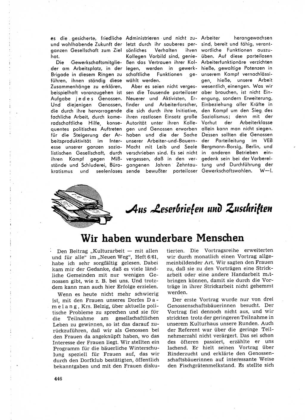 Neuer Weg (NW), Organ des Zentralkomitees (ZK) der SED (Sozialistische Einheitspartei Deutschlands) für Fragen des Parteilebens, 16. Jahrgang [Deutsche Demokratische Republik (DDR)] 1961, Seite 446 (NW ZK SED DDR 1961, S. 446)