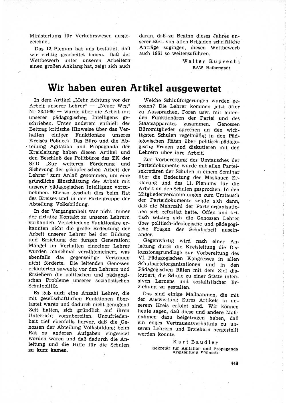 Neuer Weg (NW), Organ des Zentralkomitees (ZK) der SED (Sozialistische Einheitspartei Deutschlands) für Fragen des Parteilebens, 16. Jahrgang [Deutsche Demokratische Republik (DDR)] 1961, Seite 449 (NW ZK SED DDR 1961, S. 449)
