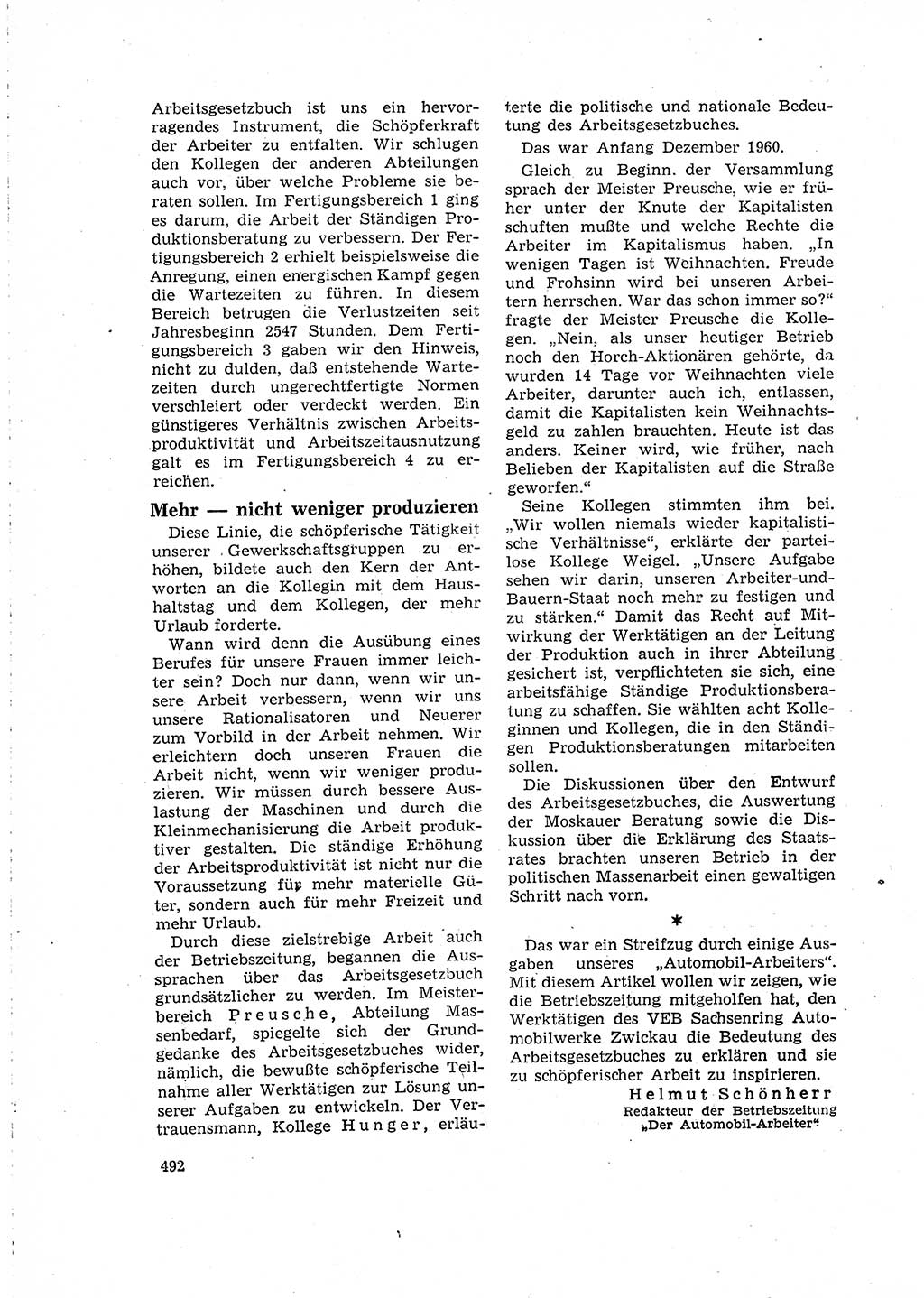 Neuer Weg (NW), Organ des Zentralkomitees (ZK) der SED (Sozialistische Einheitspartei Deutschlands) für Fragen des Parteilebens, 16. Jahrgang [Deutsche Demokratische Republik (DDR)] 1961, Seite 492 (NW ZK SED DDR 1961, S. 492)