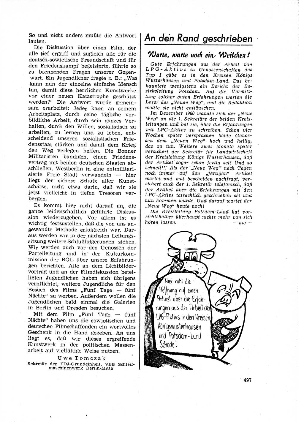 Neuer Weg (NW), Organ des Zentralkomitees (ZK) der SED (Sozialistische Einheitspartei Deutschlands) für Fragen des Parteilebens, 16. Jahrgang [Deutsche Demokratische Republik (DDR)] 1961, Seite 497 (NW ZK SED DDR 1961, S. 497)