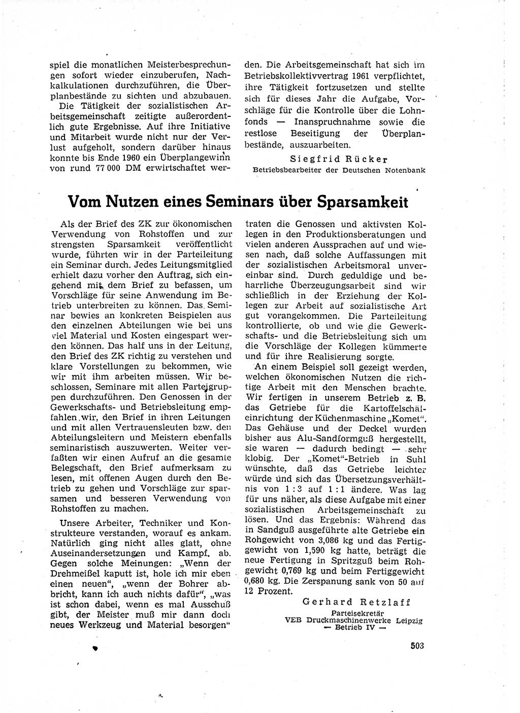 Neuer Weg (NW), Organ des Zentralkomitees (ZK) der SED (Sozialistische Einheitspartei Deutschlands) für Fragen des Parteilebens, 16. Jahrgang [Deutsche Demokratische Republik (DDR)] 1961, Seite 503 (NW ZK SED DDR 1961, S. 503)