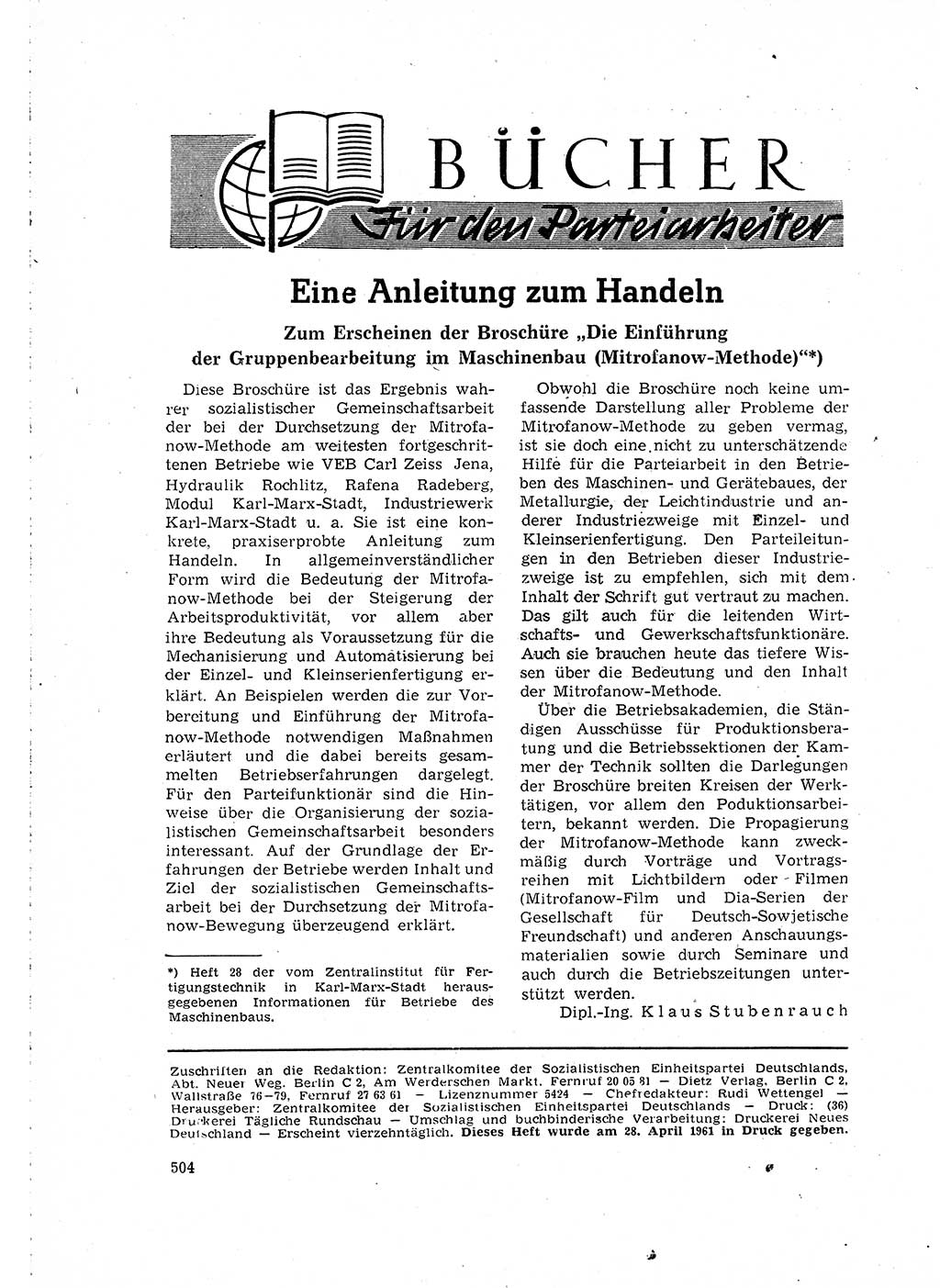 Neuer Weg (NW), Organ des Zentralkomitees (ZK) der SED (Sozialistische Einheitspartei Deutschlands) für Fragen des Parteilebens, 16. Jahrgang [Deutsche Demokratische Republik (DDR)] 1961, Seite 504 (NW ZK SED DDR 1961, S. 504)