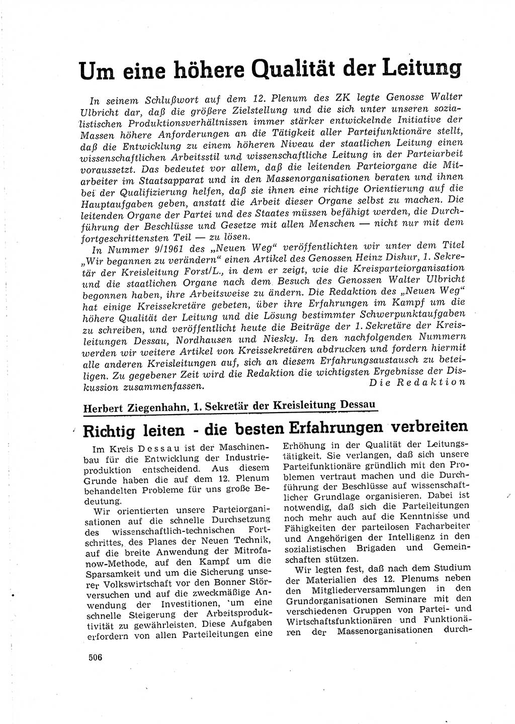 Neuer Weg (NW), Organ des Zentralkomitees (ZK) der SED (Sozialistische Einheitspartei Deutschlands) für Fragen des Parteilebens, 16. Jahrgang [Deutsche Demokratische Republik (DDR)] 1961, Seite 506 (NW ZK SED DDR 1961, S. 506)