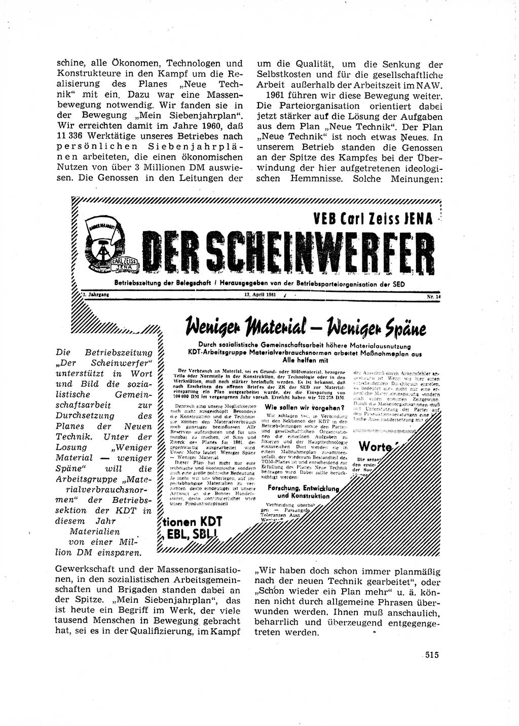 Neuer Weg (NW), Organ des Zentralkomitees (ZK) der SED (Sozialistische Einheitspartei Deutschlands) für Fragen des Parteilebens, 16. Jahrgang [Deutsche Demokratische Republik (DDR)] 1961, Seite 515 (NW ZK SED DDR 1961, S. 515)