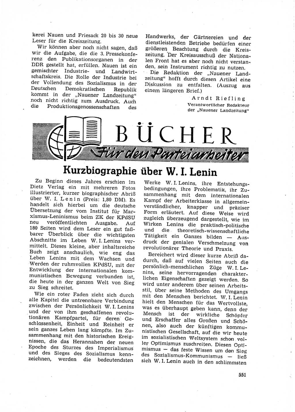 Neuer Weg (NW), Organ des Zentralkomitees (ZK) der SED (Sozialistische Einheitspartei Deutschlands) für Fragen des Parteilebens, 16. Jahrgang [Deutsche Demokratische Republik (DDR)] 1961, Seite 551 (NW ZK SED DDR 1961, S. 551)