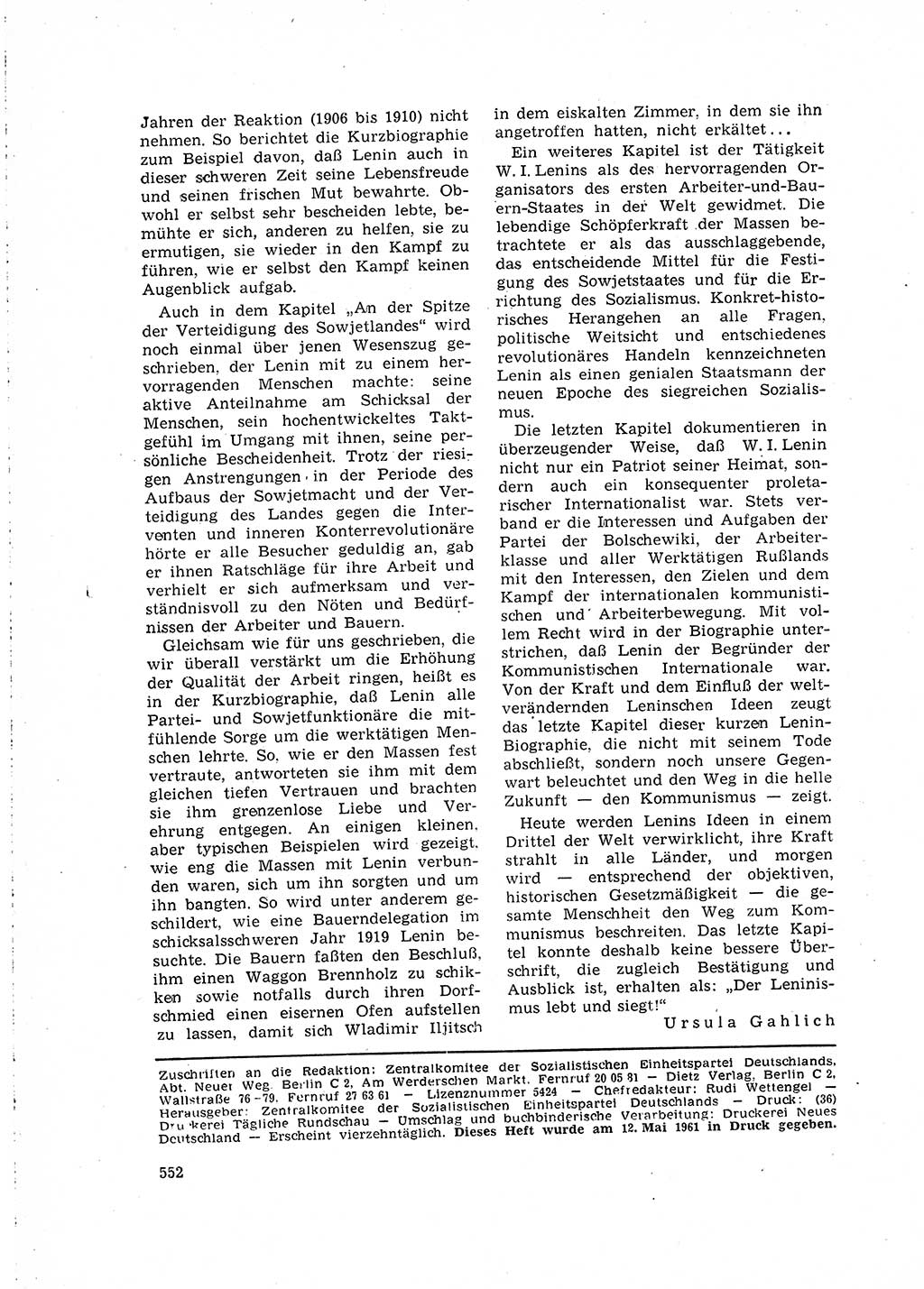 Neuer Weg (NW), Organ des Zentralkomitees (ZK) der SED (Sozialistische Einheitspartei Deutschlands) für Fragen des Parteilebens, 16. Jahrgang [Deutsche Demokratische Republik (DDR)] 1961, Seite 552 (NW ZK SED DDR 1961, S. 552)