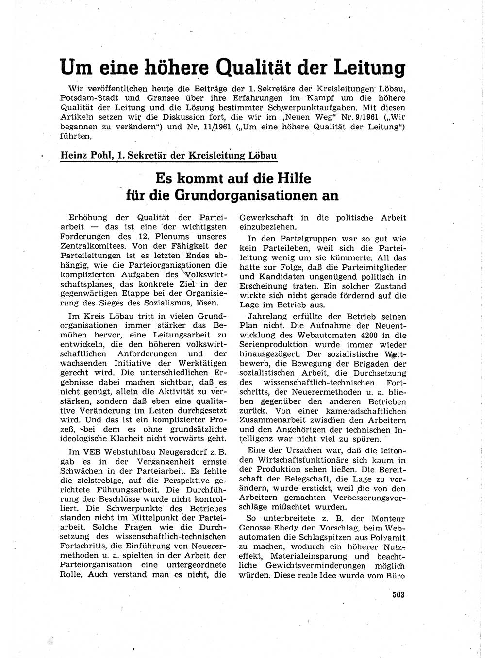 Neuer Weg (NW), Organ des Zentralkomitees (ZK) der SED (Sozialistische Einheitspartei Deutschlands) für Fragen des Parteilebens, 16. Jahrgang [Deutsche Demokratische Republik (DDR)] 1961, Seite 563 (NW ZK SED DDR 1961, S. 563)