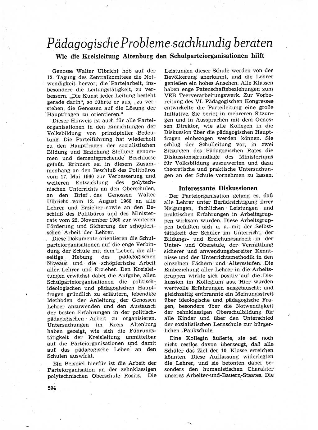 Neuer Weg (NW), Organ des Zentralkomitees (ZK) der SED (Sozialistische Einheitspartei Deutschlands) für Fragen des Parteilebens, 16. Jahrgang [Deutsche Demokratische Republik (DDR)] 1961, Seite 594 (NW ZK SED DDR 1961, S. 594)