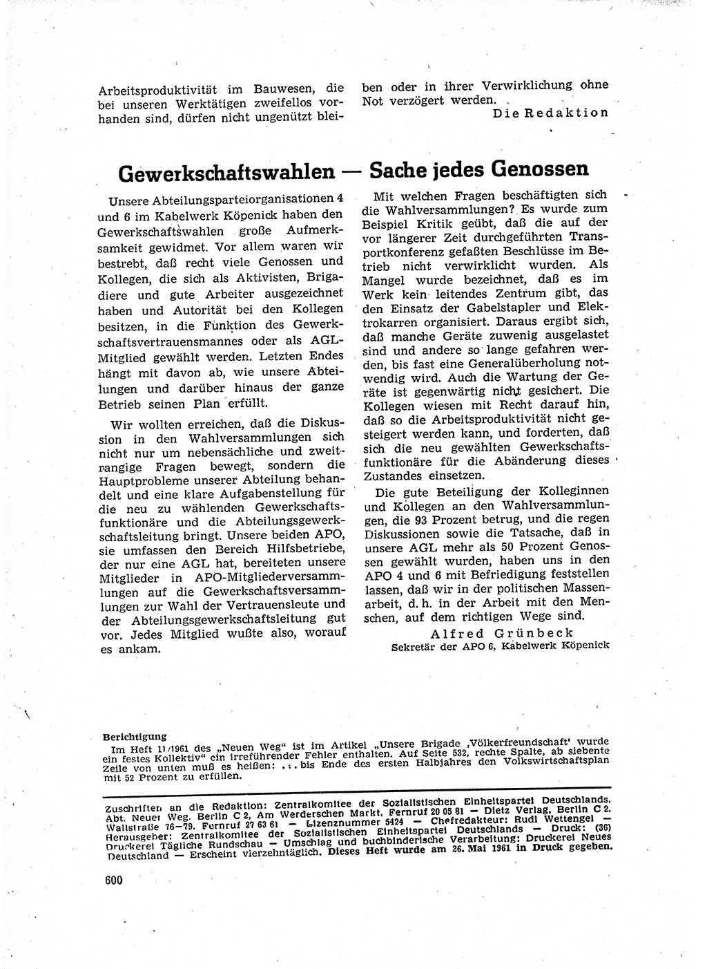 Neuer Weg (NW), Organ des Zentralkomitees (ZK) der SED (Sozialistische Einheitspartei Deutschlands) für Fragen des Parteilebens, 16. Jahrgang [Deutsche Demokratische Republik (DDR)] 1961, Seite 600 (NW ZK SED DDR 1961, S. 600)