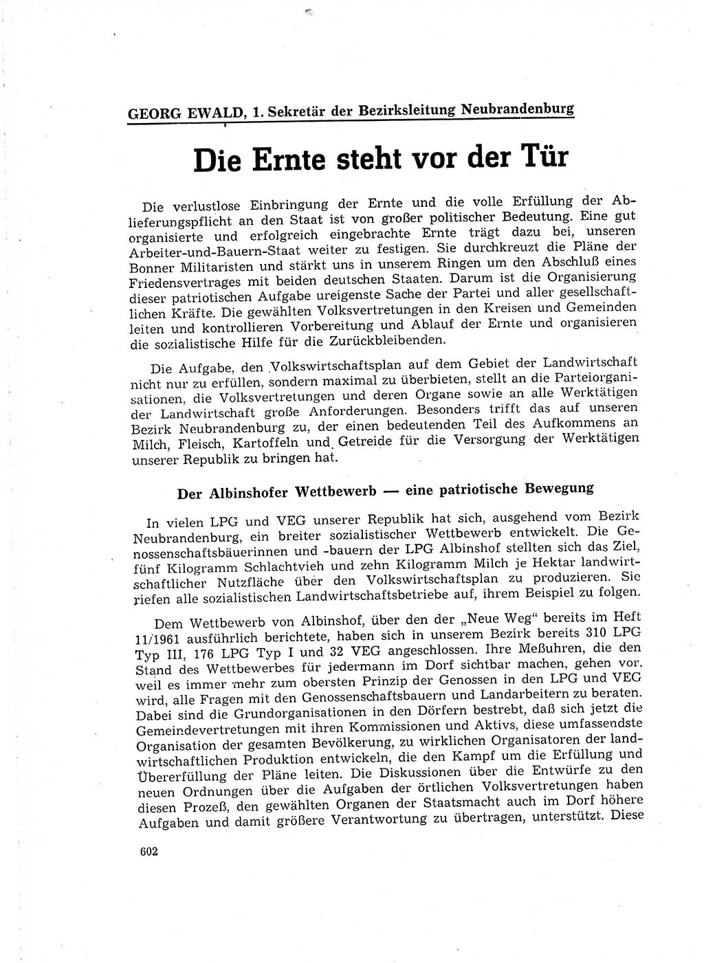 Neuer Weg (NW), Organ des Zentralkomitees (ZK) der SED (Sozialistische Einheitspartei Deutschlands) für Fragen des Parteilebens, 16. Jahrgang [Deutsche Demokratische Republik (DDR)] 1961, Seite 602 (NW ZK SED DDR 1961, S. 602)