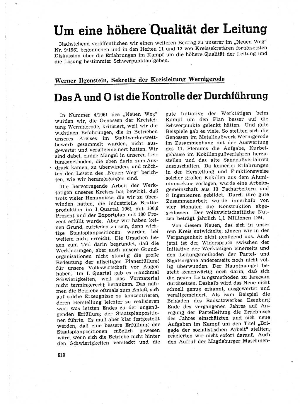 Neuer Weg (NW), Organ des Zentralkomitees (ZK) der SED (Sozialistische Einheitspartei Deutschlands) für Fragen des Parteilebens, 16. Jahrgang [Deutsche Demokratische Republik (DDR)] 1961, Seite 610 (NW ZK SED DDR 1961, S. 610)