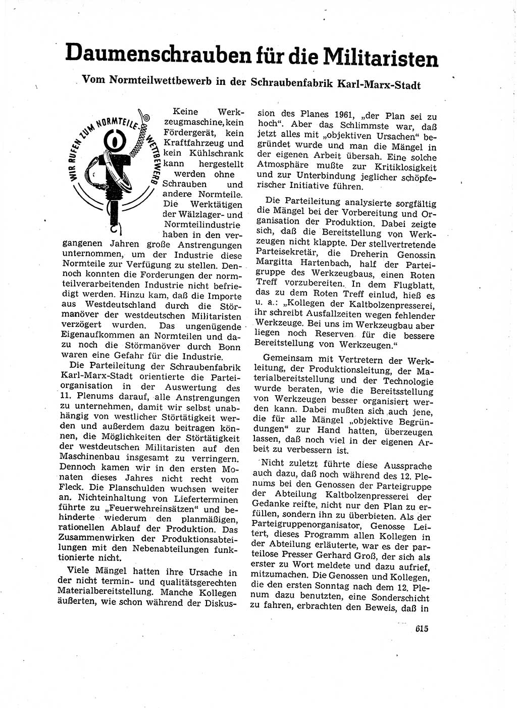 Neuer Weg (NW), Organ des Zentralkomitees (ZK) der SED (Sozialistische Einheitspartei Deutschlands) für Fragen des Parteilebens, 16. Jahrgang [Deutsche Demokratische Republik (DDR)] 1961, Seite 615 (NW ZK SED DDR 1961, S. 615)