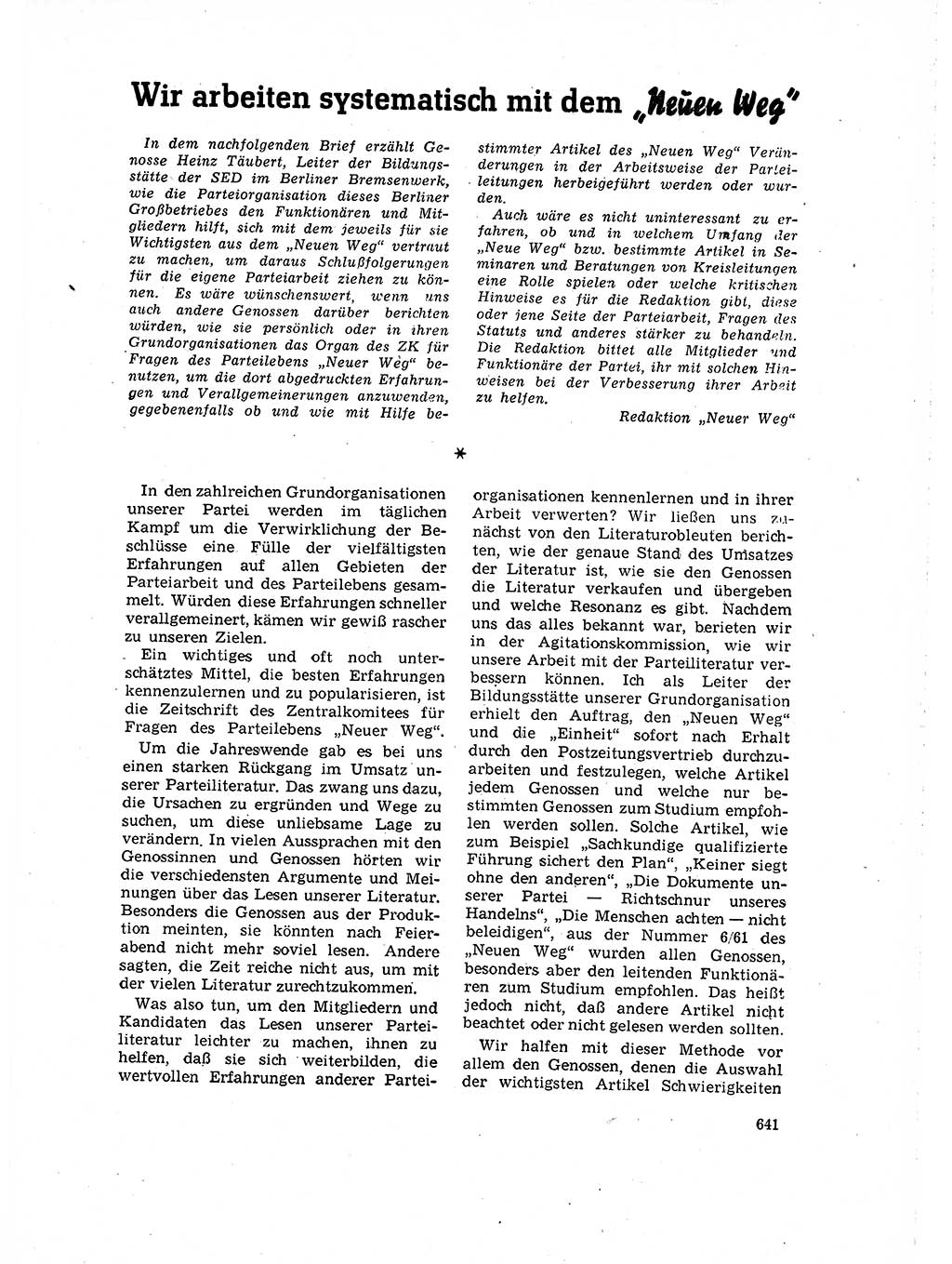 Neuer Weg (NW), Organ des Zentralkomitees (ZK) der SED (Sozialistische Einheitspartei Deutschlands) für Fragen des Parteilebens, 16. Jahrgang [Deutsche Demokratische Republik (DDR)] 1961, Seite 641 (NW ZK SED DDR 1961, S. 641)