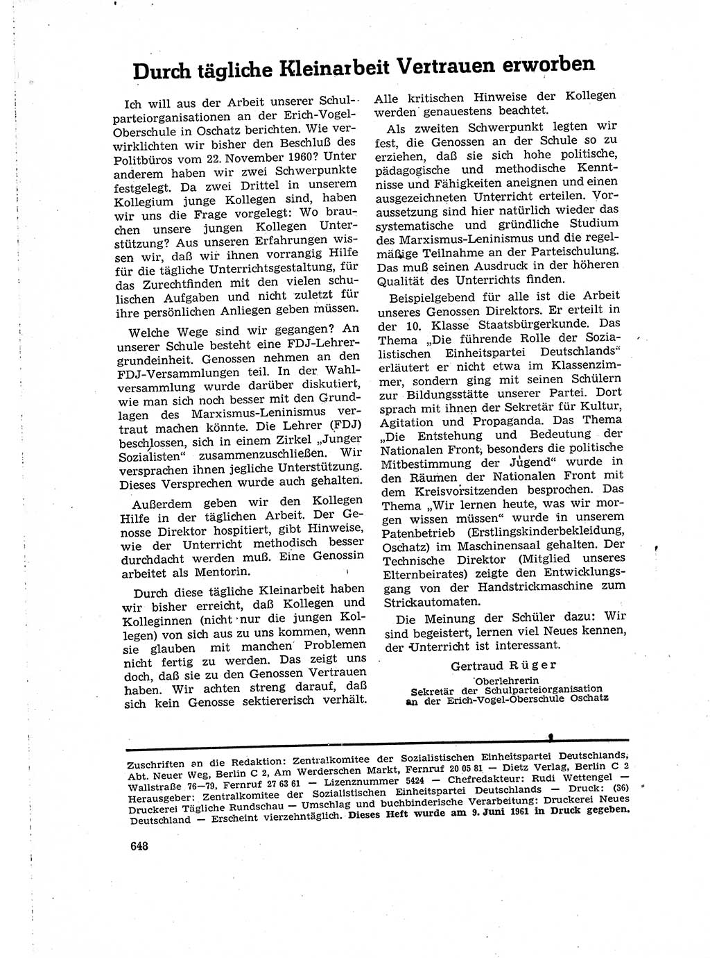Neuer Weg (NW), Organ des Zentralkomitees (ZK) der SED (Sozialistische Einheitspartei Deutschlands) für Fragen des Parteilebens, 16. Jahrgang [Deutsche Demokratische Republik (DDR)] 1961, Seite 648 (NW ZK SED DDR 1961, S. 648)