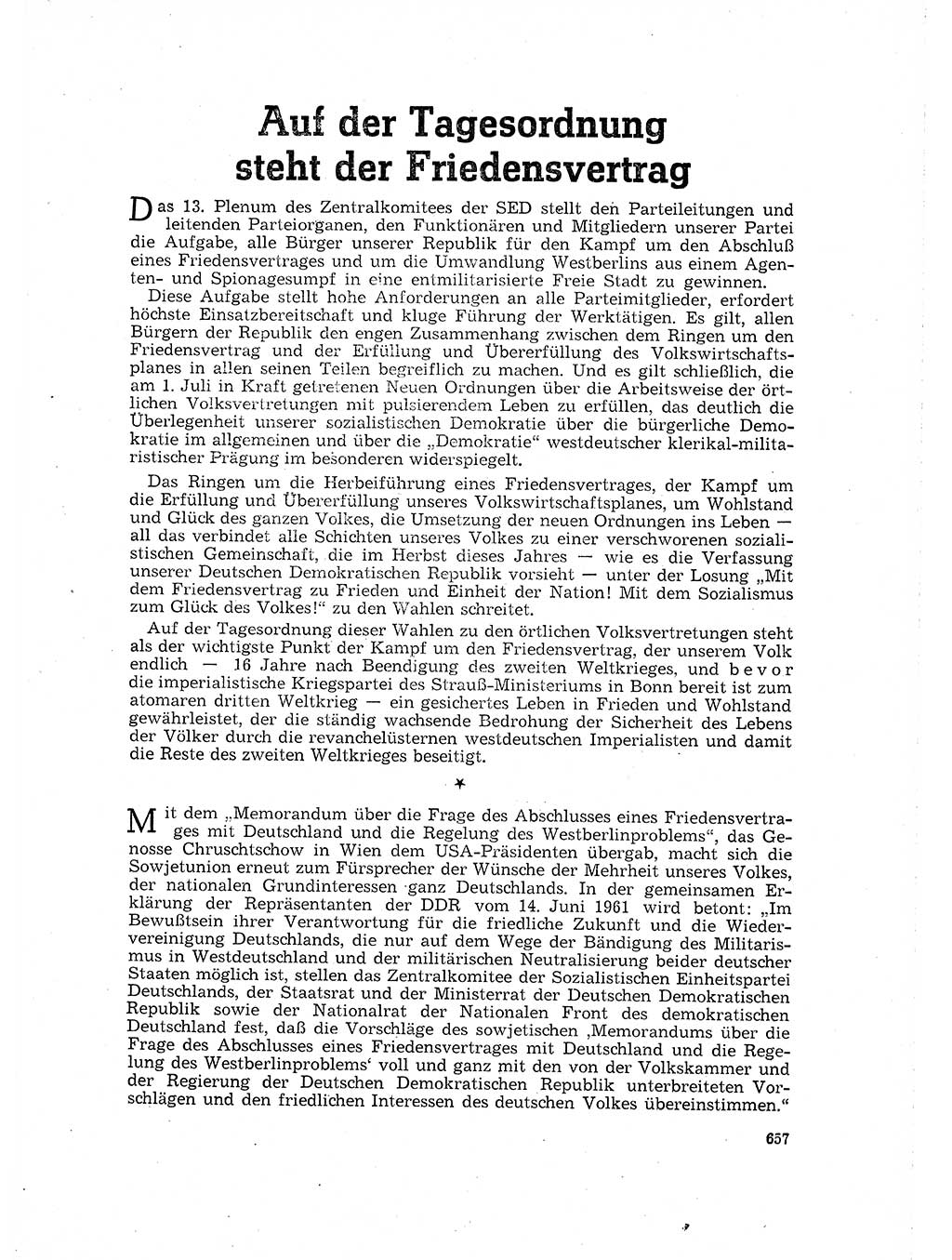 Neuer Weg (NW), Organ des Zentralkomitees (ZK) der SED (Sozialistische Einheitspartei Deutschlands) für Fragen des Parteilebens, 16. Jahrgang [Deutsche Demokratische Republik (DDR)] 1961, Seite 657 (NW ZK SED DDR 1961, S. 657)