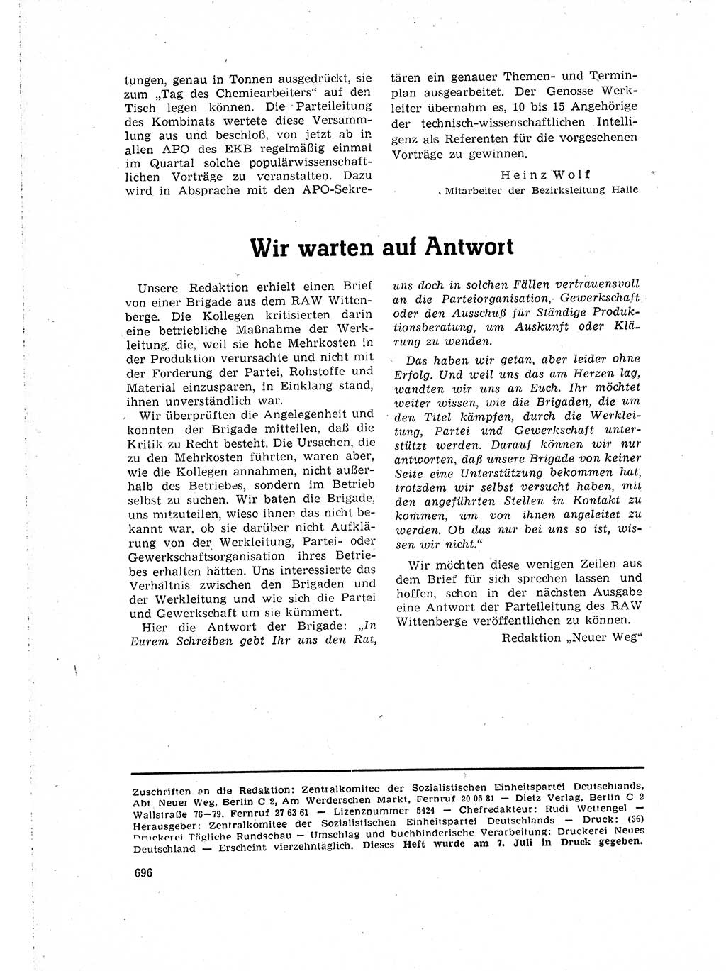 Neuer Weg (NW), Organ des Zentralkomitees (ZK) der SED (Sozialistische Einheitspartei Deutschlands) für Fragen des Parteilebens, 16. Jahrgang [Deutsche Demokratische Republik (DDR)] 1961, Seite 696 (NW ZK SED DDR 1961, S. 696)