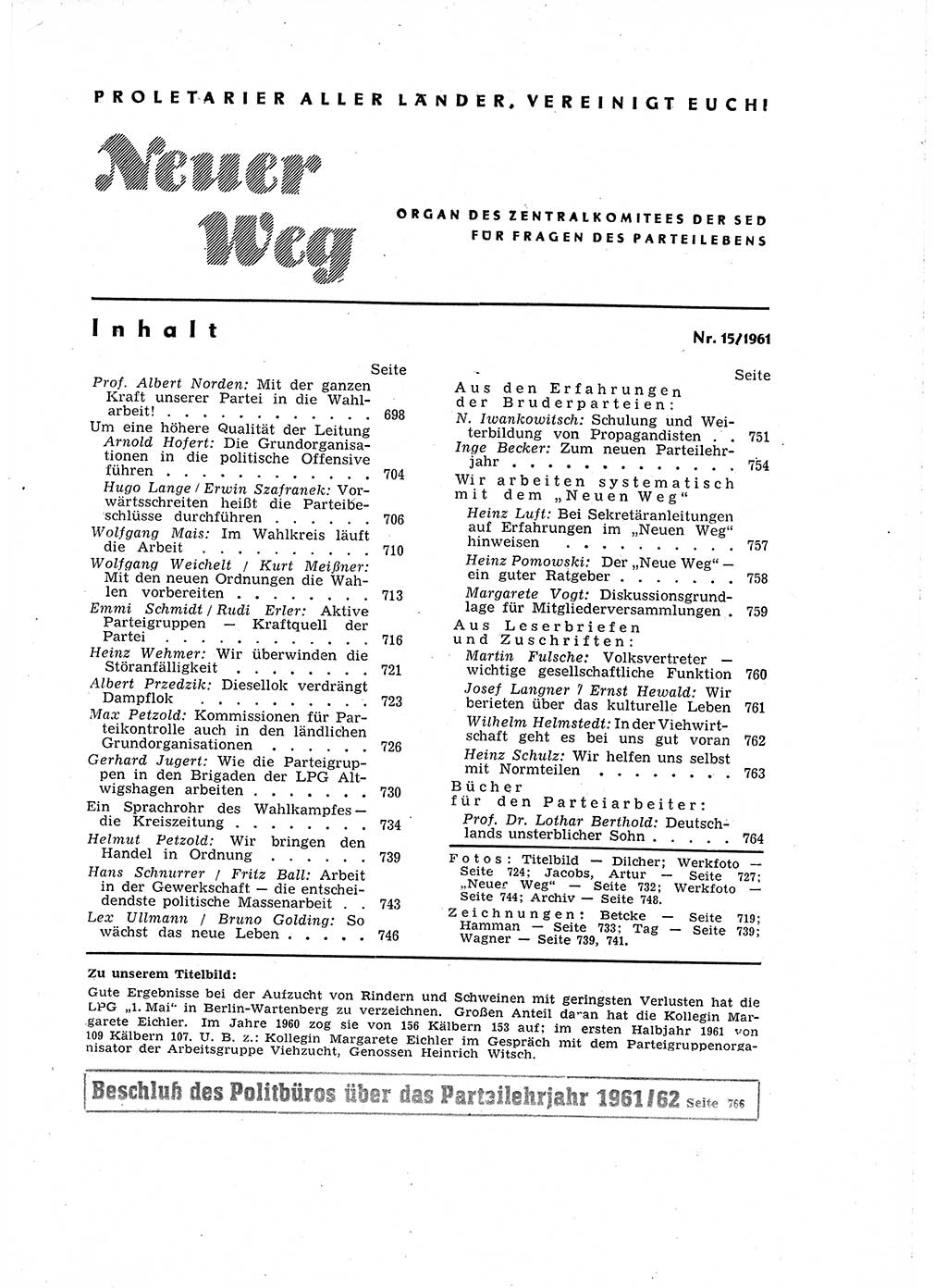 Neuer Weg (NW), Organ des Zentralkomitees (ZK) der SED (Sozialistische Einheitspartei Deutschlands) für Fragen des Parteilebens, 16. Jahrgang [Deutsche Demokratische Republik (DDR)] 1961, Seite 697 (NW ZK SED DDR 1961, S. 697)