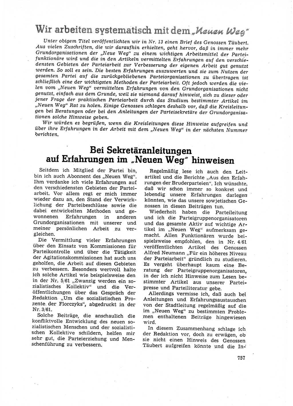 Neuer Weg (NW), Organ des Zentralkomitees (ZK) der SED (Sozialistische Einheitspartei Deutschlands) für Fragen des Parteilebens, 16. Jahrgang [Deutsche Demokratische Republik (DDR)] 1961, Seite 757 (NW ZK SED DDR 1961, S. 757)