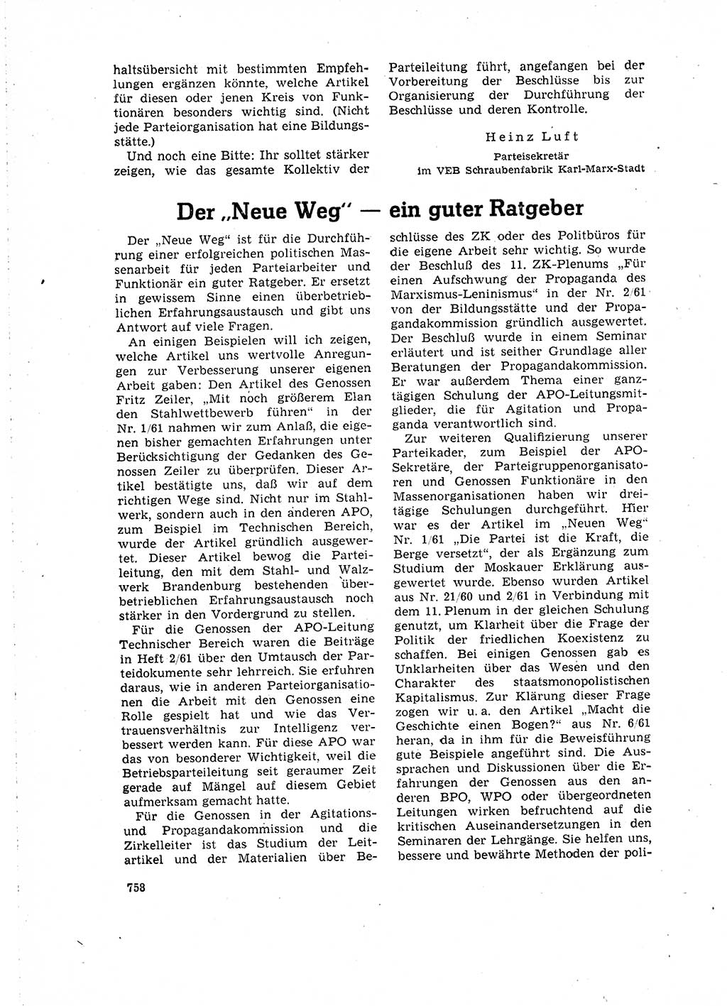 Neuer Weg (NW), Organ des Zentralkomitees (ZK) der SED (Sozialistische Einheitspartei Deutschlands) für Fragen des Parteilebens, 16. Jahrgang [Deutsche Demokratische Republik (DDR)] 1961, Seite 758 (NW ZK SED DDR 1961, S. 758)