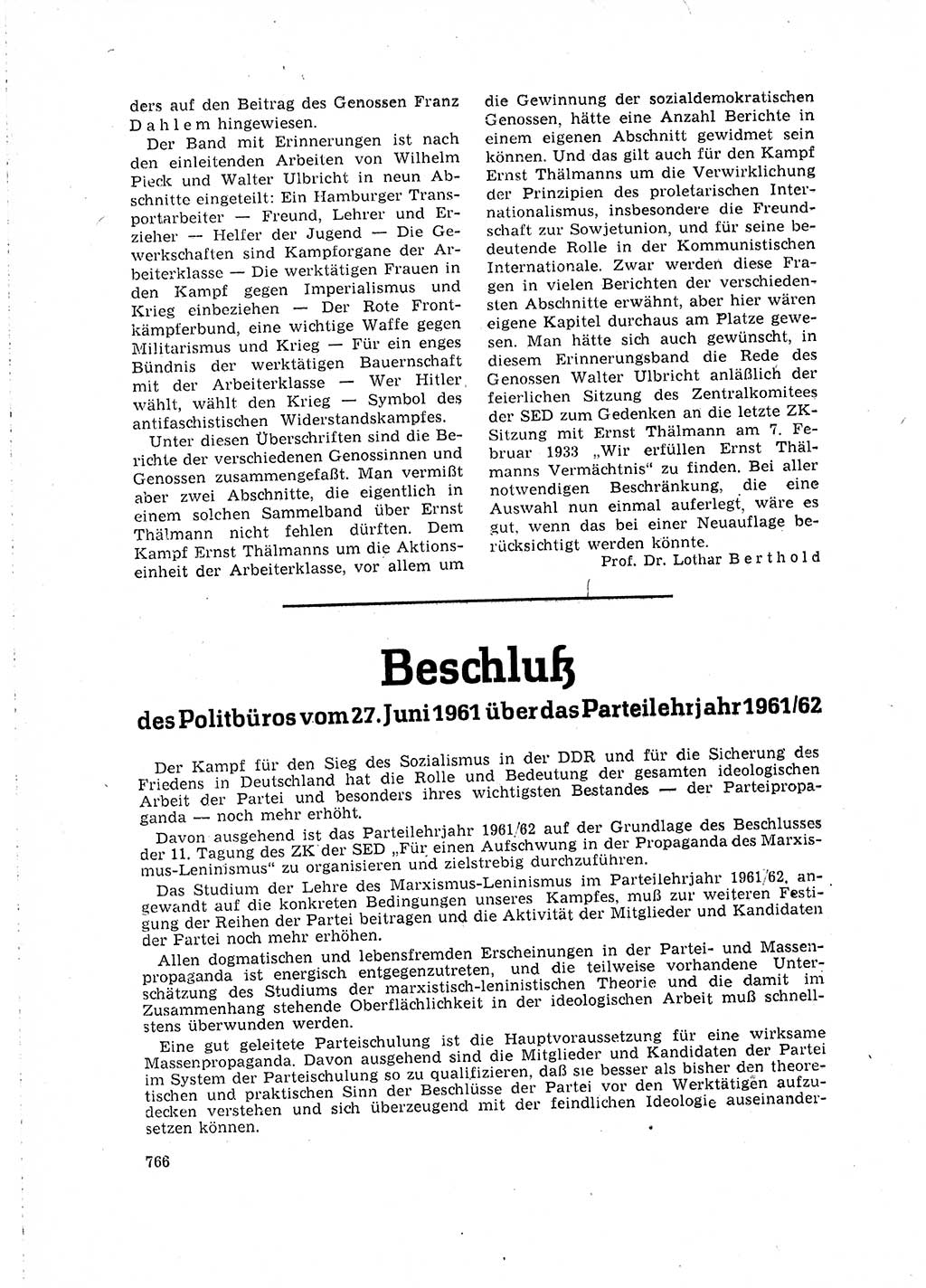 Neuer Weg (NW), Organ des Zentralkomitees (ZK) der SED (Sozialistische Einheitspartei Deutschlands) für Fragen des Parteilebens, 16. Jahrgang [Deutsche Demokratische Republik (DDR)] 1961, Seite 766 (NW ZK SED DDR 1961, S. 766)