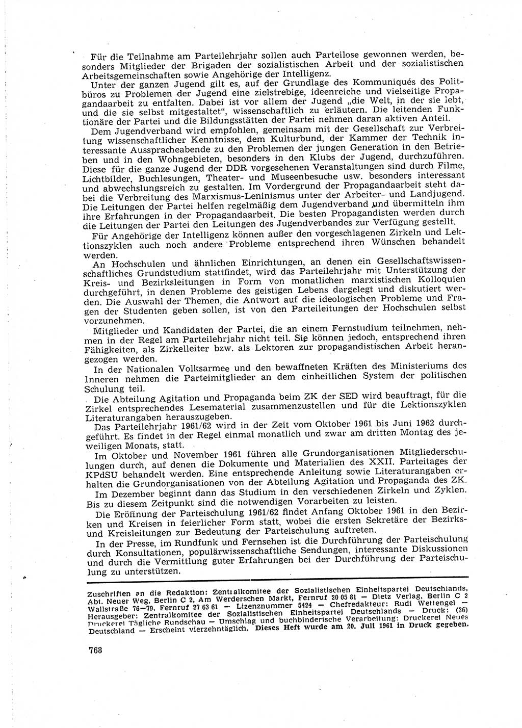 Neuer Weg (NW), Organ des Zentralkomitees (ZK) der SED (Sozialistische Einheitspartei Deutschlands) für Fragen des Parteilebens, 16. Jahrgang [Deutsche Demokratische Republik (DDR)] 1961, Seite 768 (NW ZK SED DDR 1961, S. 768)