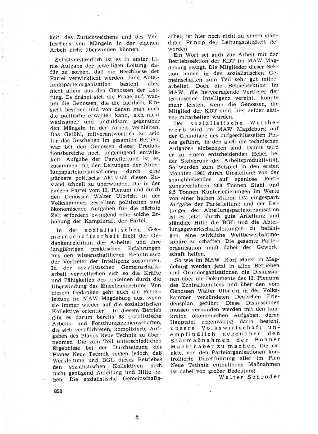 Neuer Weg (NW), Organ des Zentralkomitees (ZK) der SED (Sozialistische Einheitspartei Deutschlands) für Fragen des Parteilebens, 16. Jahrgang [Deutsche Demokratische Republik (DDR)] 1961, Seite 820 (NW ZK SED DDR 1961, S. 820)