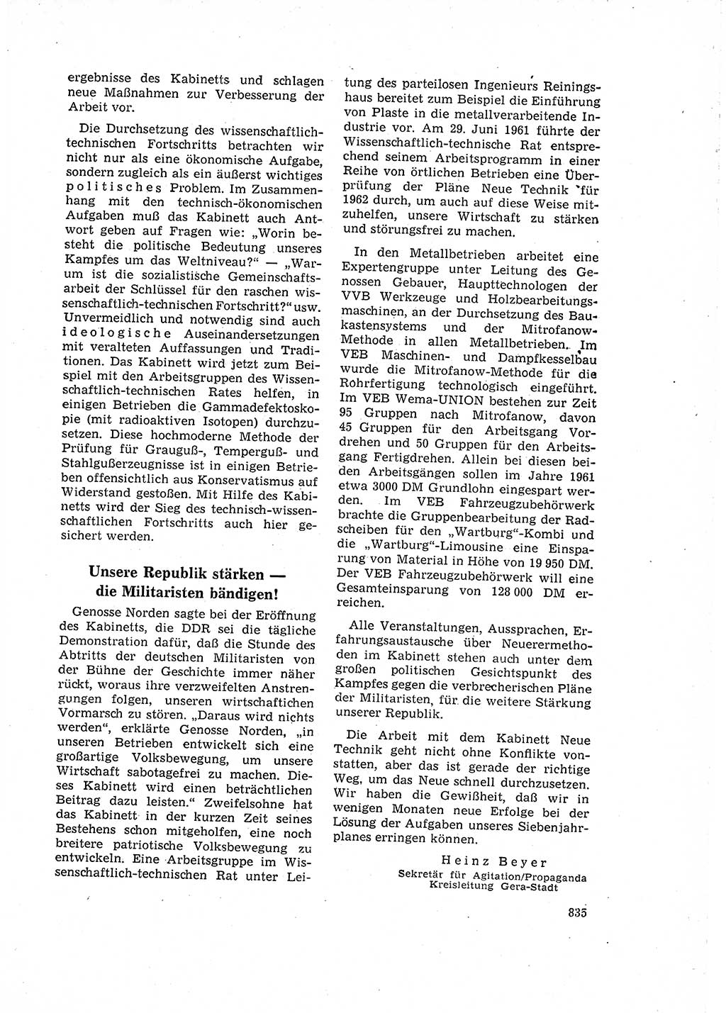 Neuer Weg (NW), Organ des Zentralkomitees (ZK) der SED (Sozialistische Einheitspartei Deutschlands) für Fragen des Parteilebens, 16. Jahrgang [Deutsche Demokratische Republik (DDR)] 1961, Seite 835 (NW ZK SED DDR 1961, S. 835)