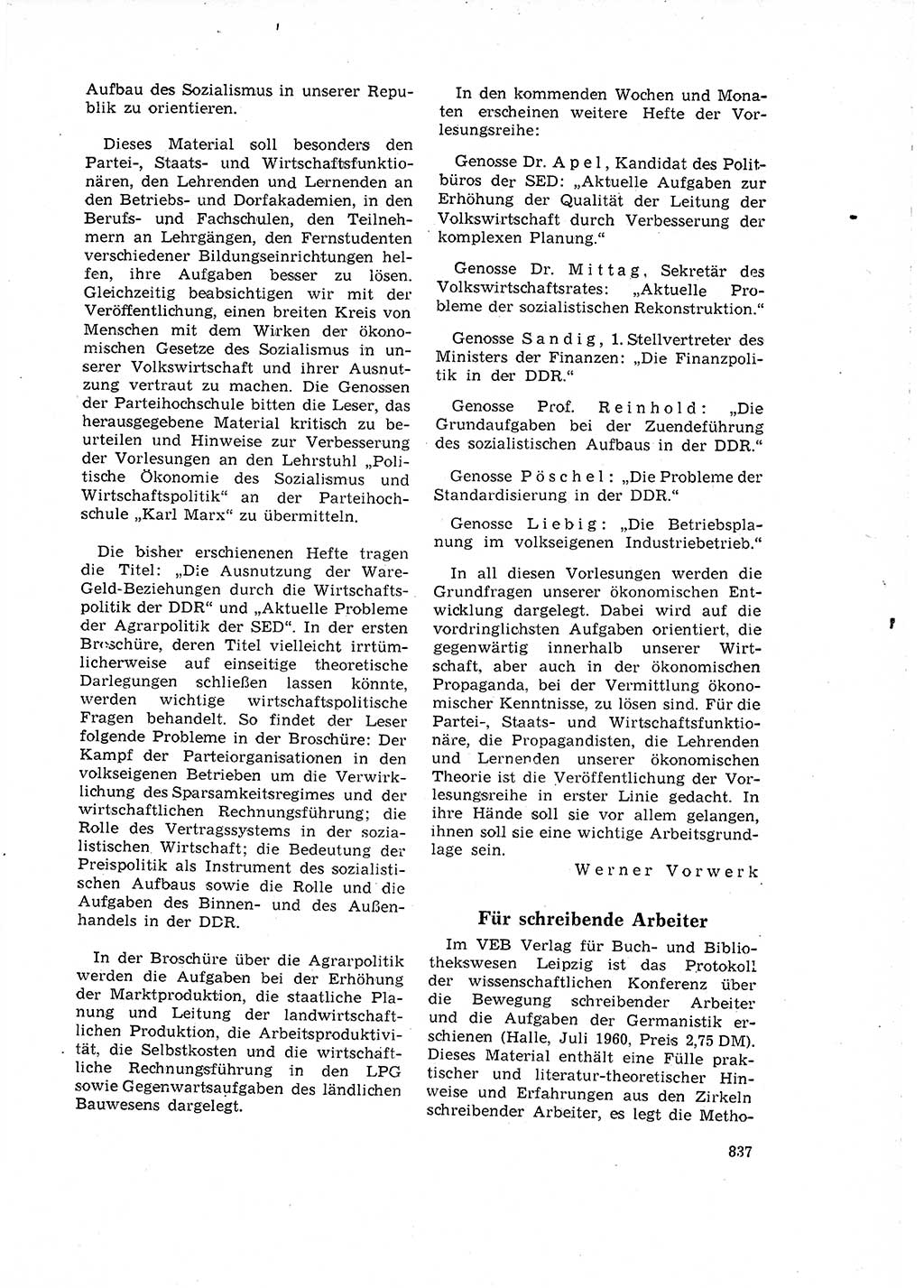 Neuer Weg (NW), Organ des Zentralkomitees (ZK) der SED (Sozialistische Einheitspartei Deutschlands) für Fragen des Parteilebens, 16. Jahrgang [Deutsche Demokratische Republik (DDR)] 1961, Seite 837 (NW ZK SED DDR 1961, S. 837)