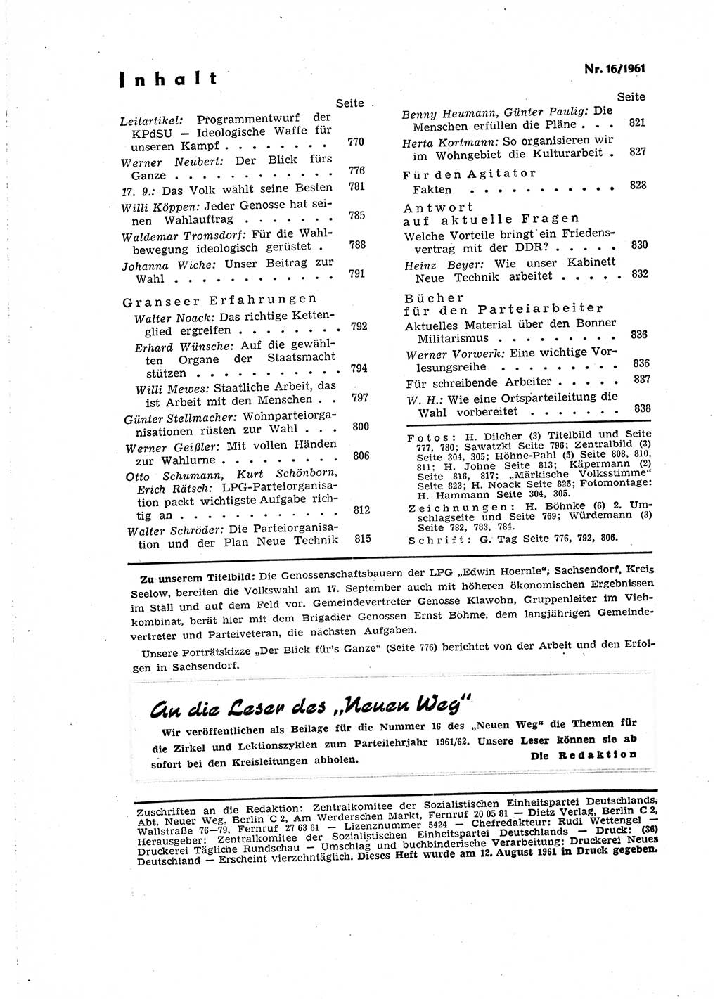 Neuer Weg (NW), Organ des Zentralkomitees (ZK) der SED (Sozialistische Einheitspartei Deutschlands) für Fragen des Parteilebens, 16. Jahrgang [Deutsche Demokratische Republik (DDR)] 1961, Seite 840 (NW ZK SED DDR 1961, S. 840)