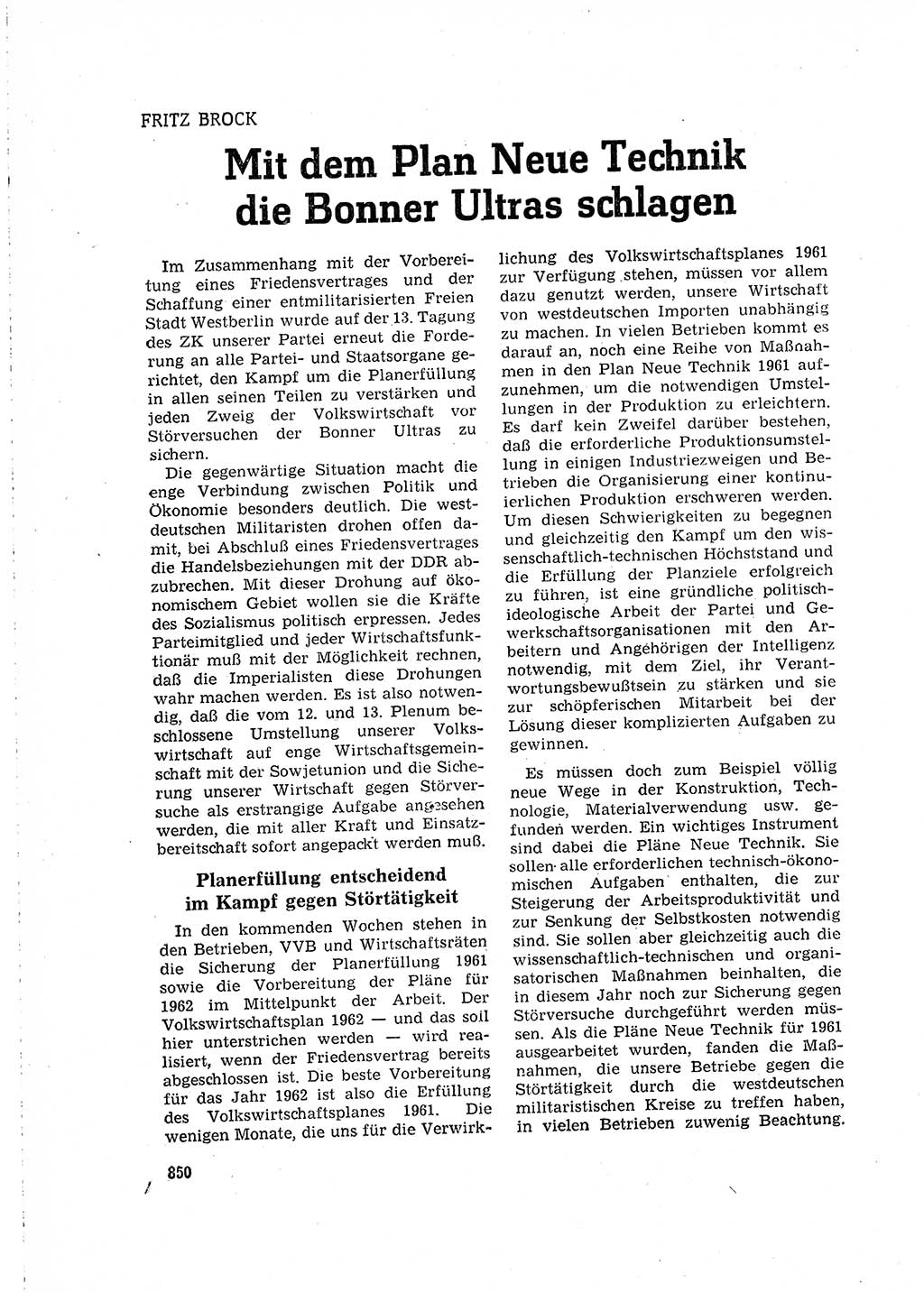 Neuer Weg (NW), Organ des Zentralkomitees (ZK) der SED (Sozialistische Einheitspartei Deutschlands) für Fragen des Parteilebens, 16. Jahrgang [Deutsche Demokratische Republik (DDR)] 1961, Seite 850 (NW ZK SED DDR 1961, S. 850)