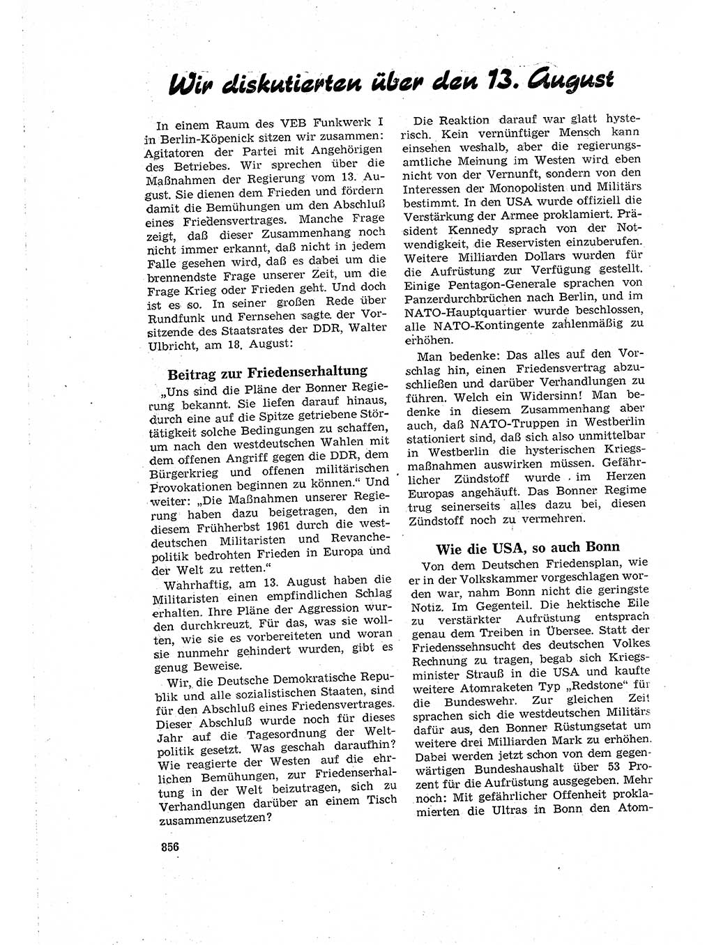 Neuer Weg (NW), Organ des Zentralkomitees (ZK) der SED (Sozialistische Einheitspartei Deutschlands) für Fragen des Parteilebens, 16. Jahrgang [Deutsche Demokratische Republik (DDR)] 1961, Seite 856 (NW ZK SED DDR 1961, S. 856)