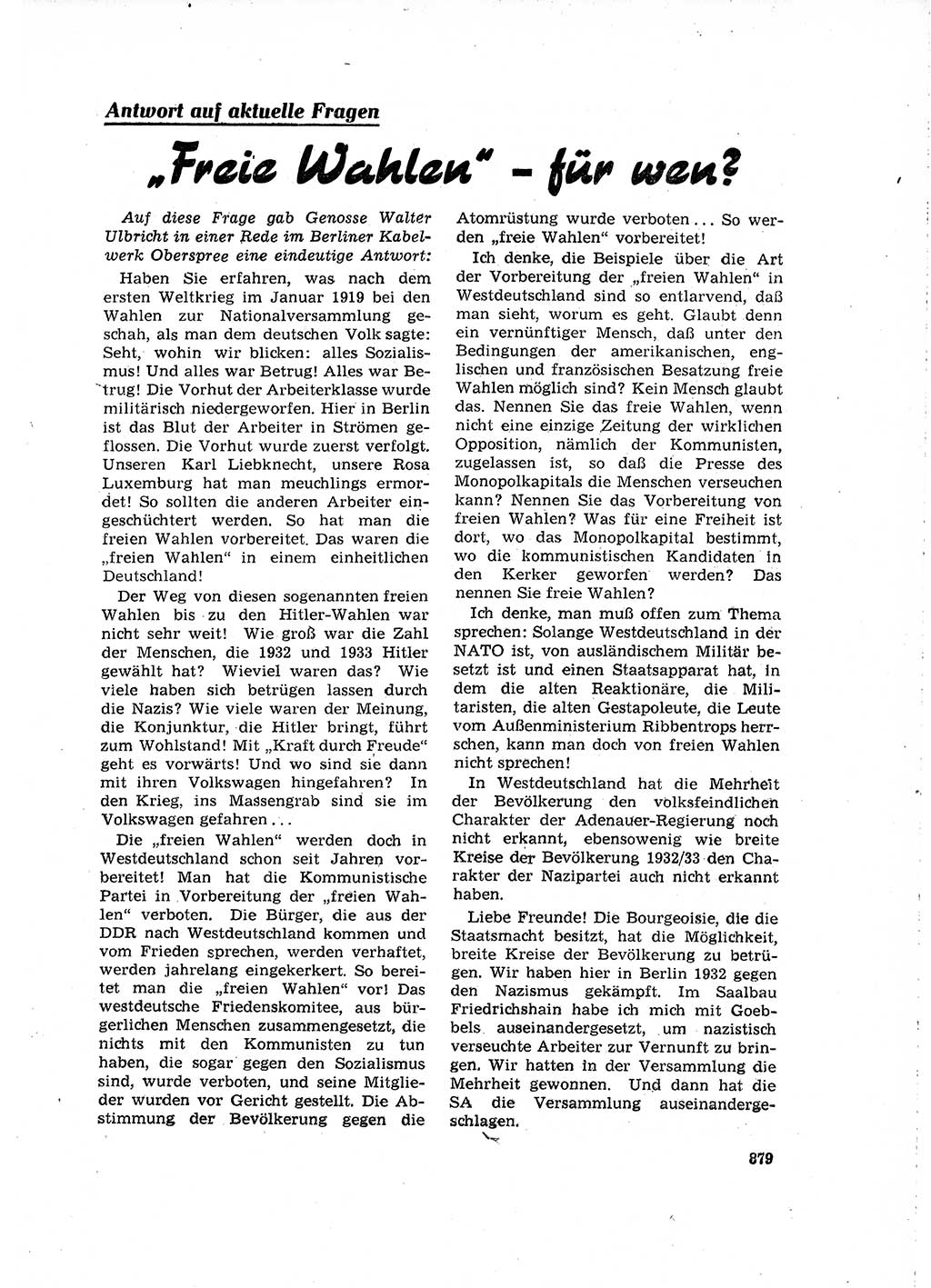 Neuer Weg (NW), Organ des Zentralkomitees (ZK) der SED (Sozialistische Einheitspartei Deutschlands) für Fragen des Parteilebens, 16. Jahrgang [Deutsche Demokratische Republik (DDR)] 1961, Seite 879 (NW ZK SED DDR 1961, S. 879)