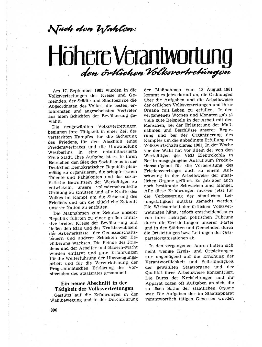 Neuer Weg (NW), Organ des Zentralkomitees (ZK) der SED (Sozialistische Einheitspartei Deutschlands) für Fragen des Parteilebens, 16. Jahrgang [Deutsche Demokratische Republik (DDR)] 1961, Seite 896 (NW ZK SED DDR 1961, S. 896)