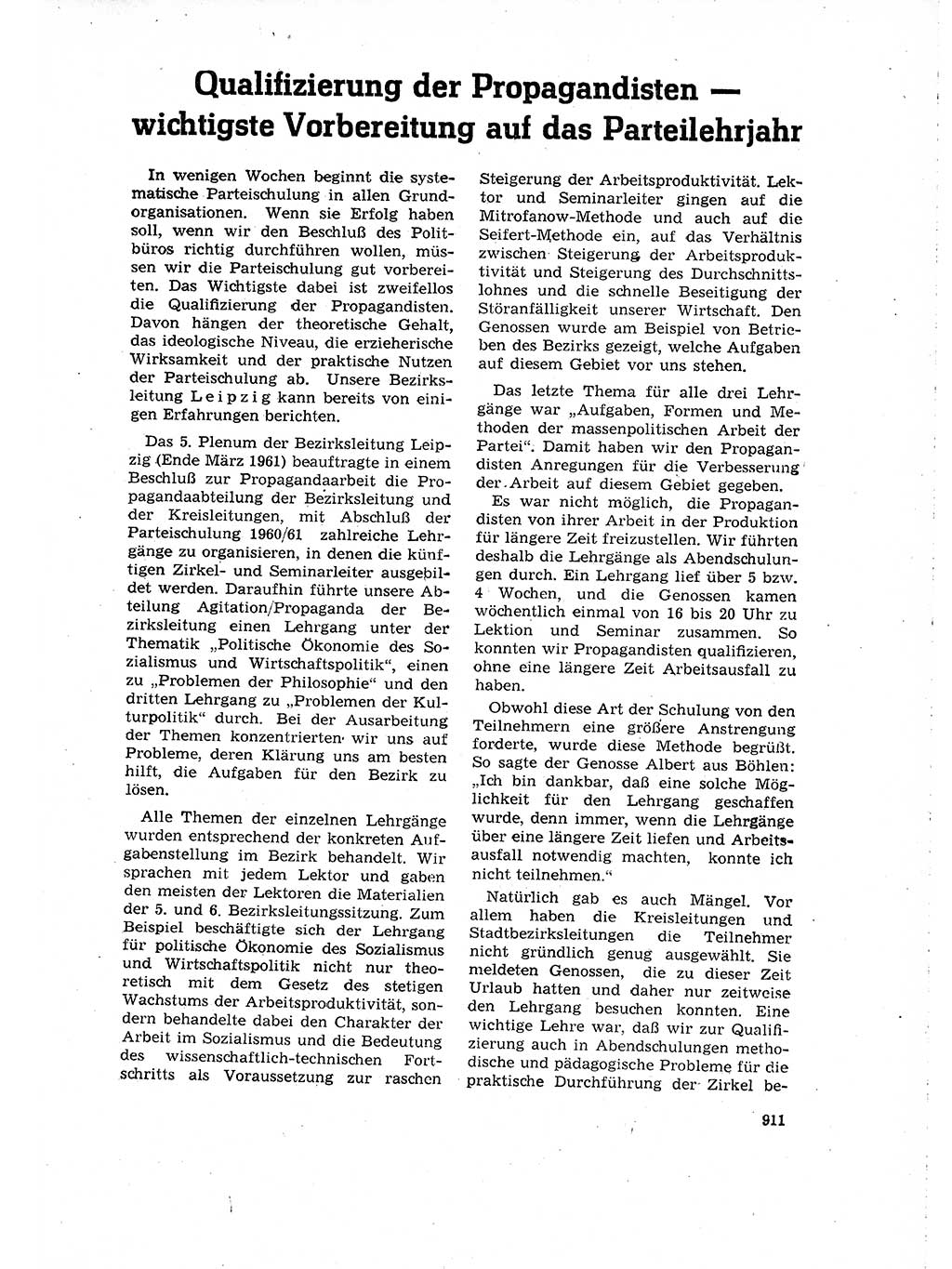 Neuer Weg (NW), Organ des Zentralkomitees (ZK) der SED (Sozialistische Einheitspartei Deutschlands) für Fragen des Parteilebens, 16. Jahrgang [Deutsche Demokratische Republik (DDR)] 1961, Seite 911 (NW ZK SED DDR 1961, S. 911)
